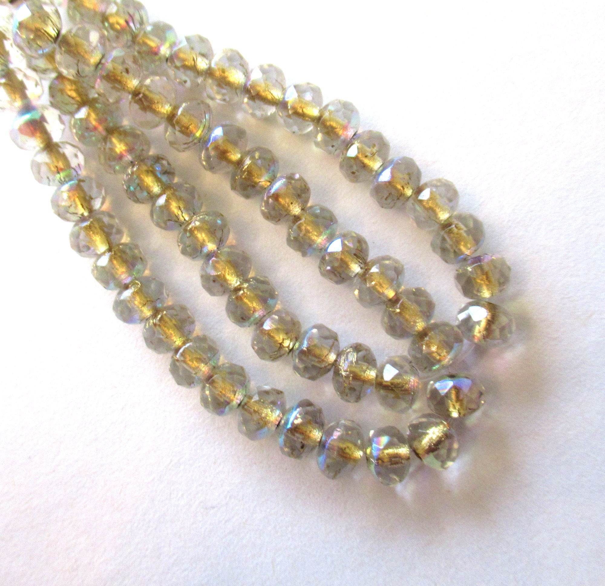 30 small puffy rondelle beads - crystal clear ab gold lined - 3mm x 5mm faceted Czech glass rondelles 00041