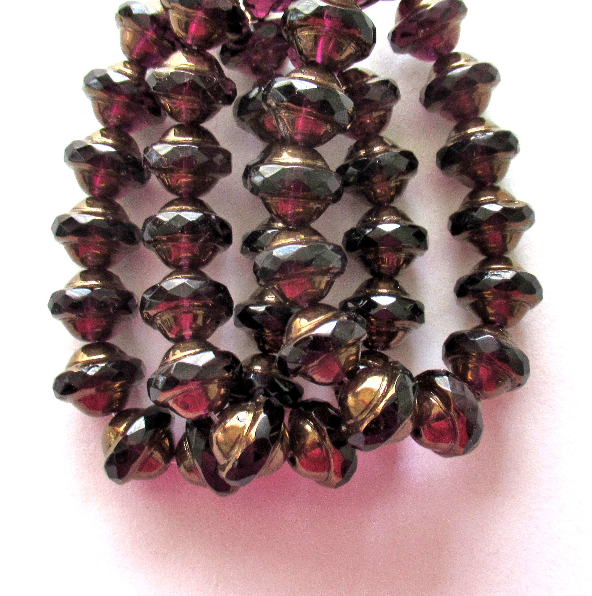 15 Czech glass saturn beads - 8 x 10mm transparent eggplant purple / amethyst - faceted saucer beads with bronze picasso accents C00102