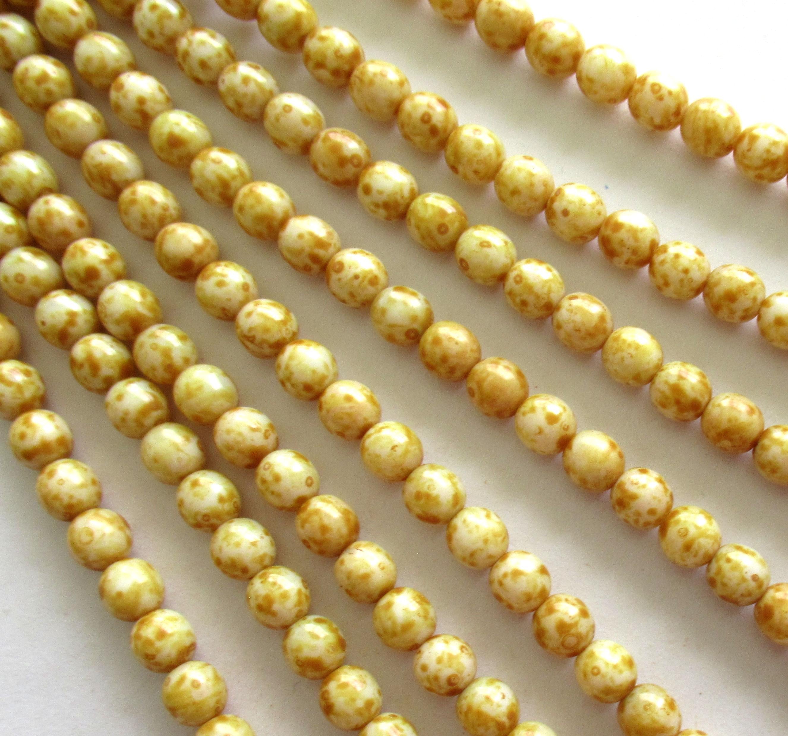 50 6mm Czech glass druks - opaque white picasso - smooth round druk beads - C0055