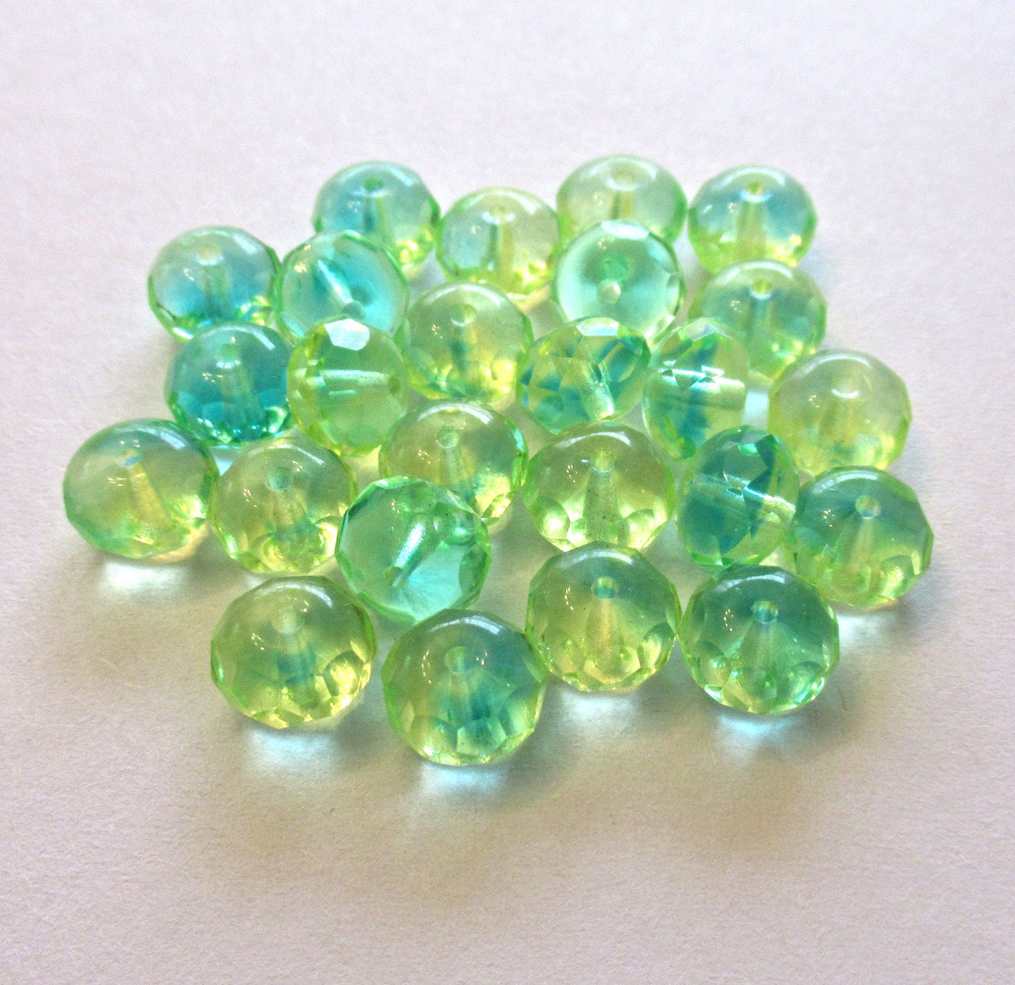 25 faceted Czech glass puffy rondelle beads - 9 x 6mm transparent green and blue mix rondelles - faceted fire polished beads - 00601