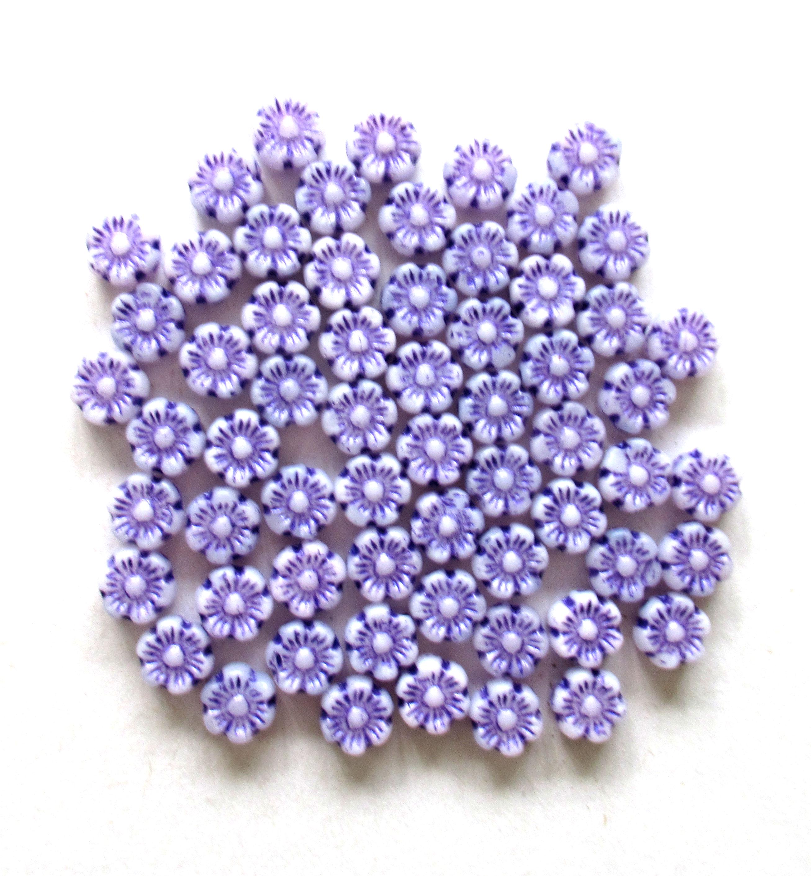 25 Czech glass flower beads - 6mm - opaque white beads with a purple wash - Hawaiian hibiscus flower beads C0068