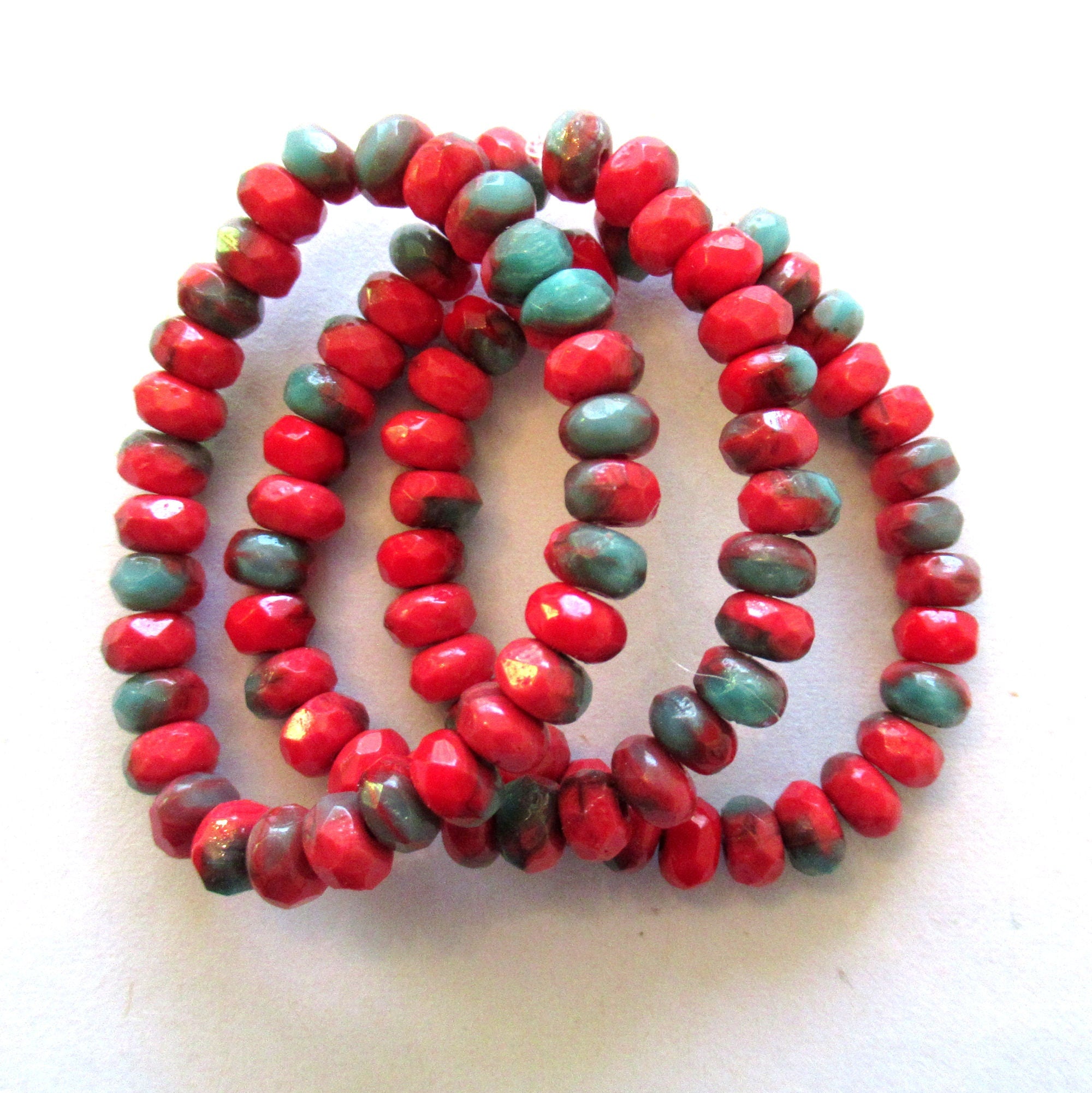 30 small Czech glass faceted puffy rondelles - 3 x 5mm opaque marbled mix of red & turquoise blue green glass rondelle beads 00531