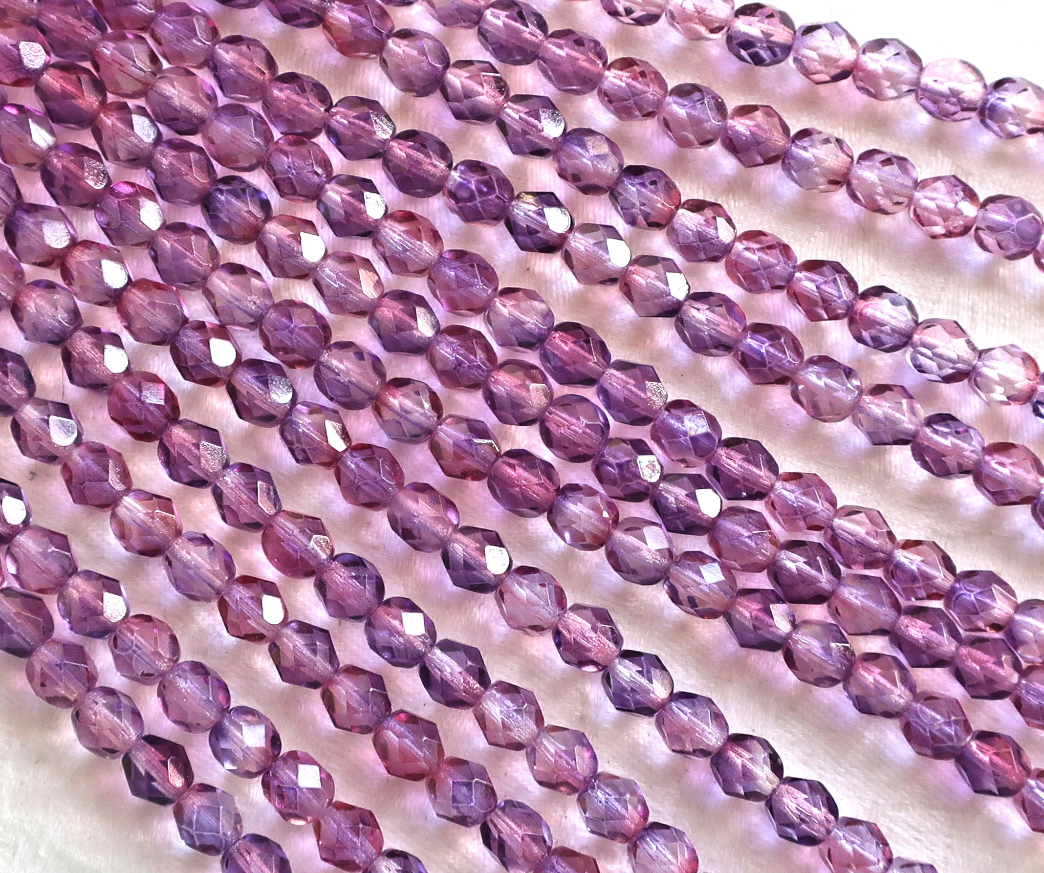25 6mm Czech glass beads, Amethyst Fuchsia dual coated pink & purple faceted, round, fire polished beads 6425