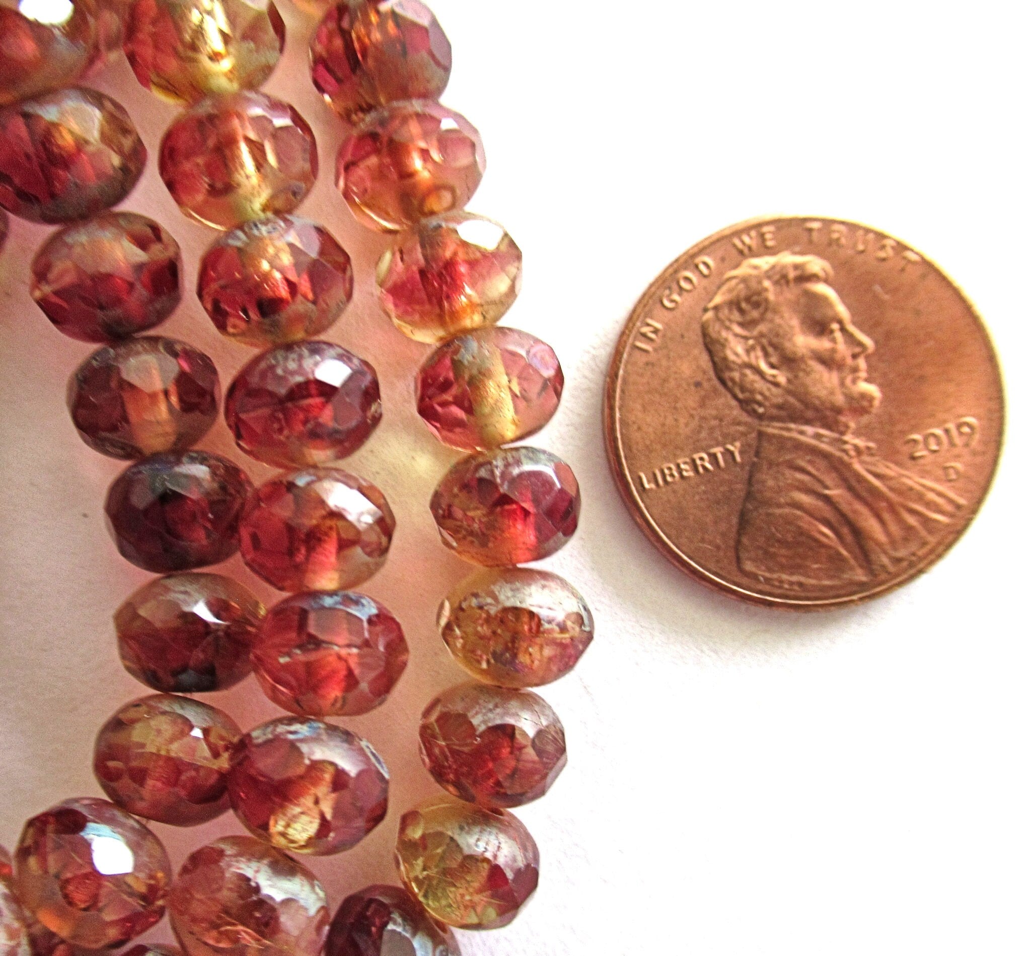 Lot of 25 Czech glass puffy rondelle beads - 5 x 7mm amber & pink color mix faceted rondelles C00961