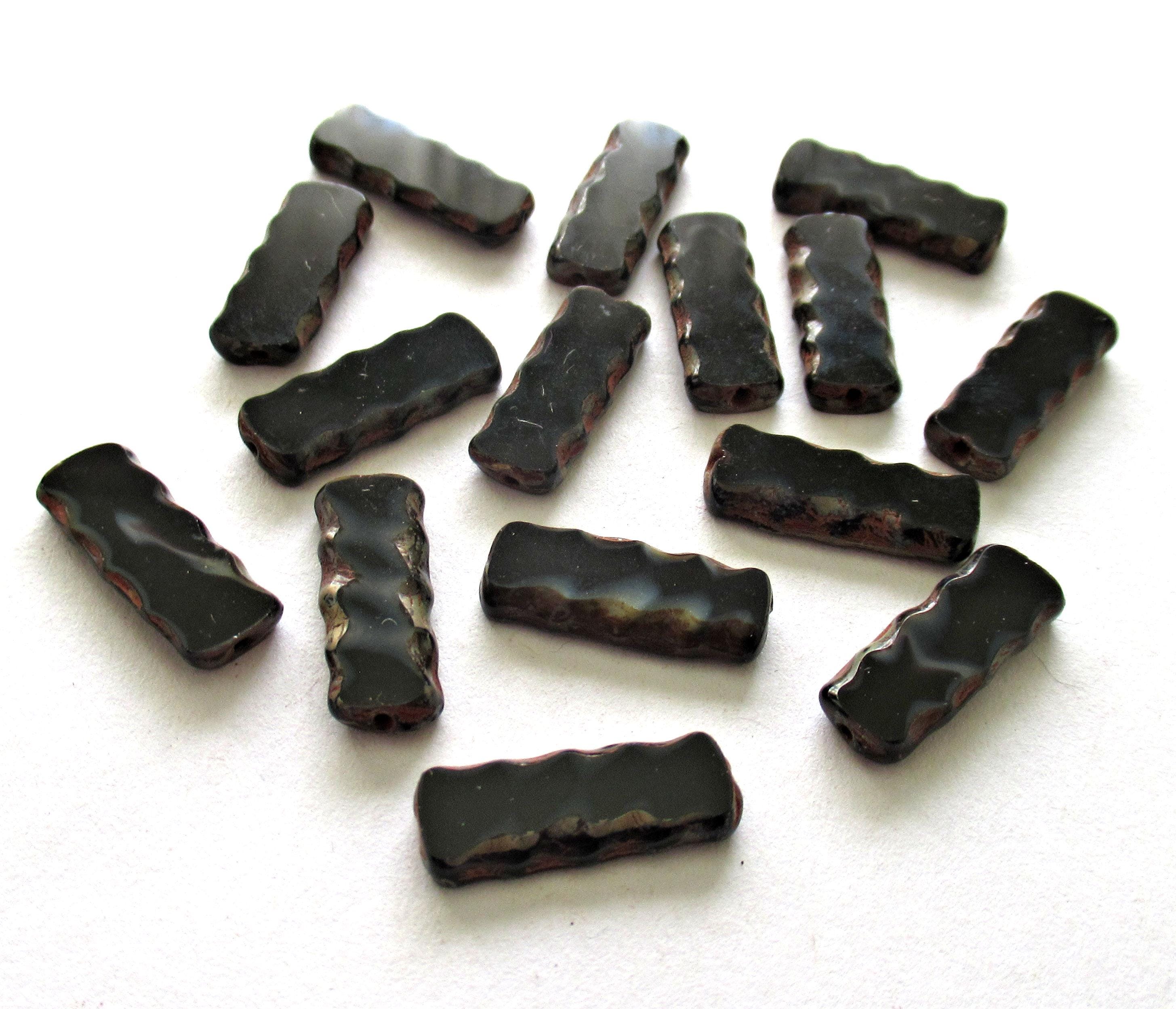 Czech glass rectangle tube beads - black picasso beads with serrated edges - long flat table cut beads - 17 x 7mm - 15 pieces - C00051