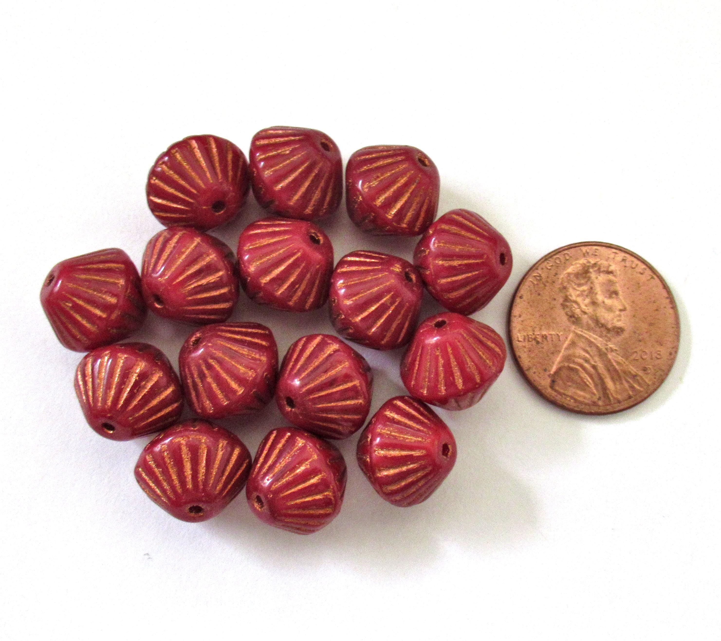 Five Czech glass bicones - 11mm x 10mm - opaque red with copper accents - carved chunky rustic bicone beads C0077