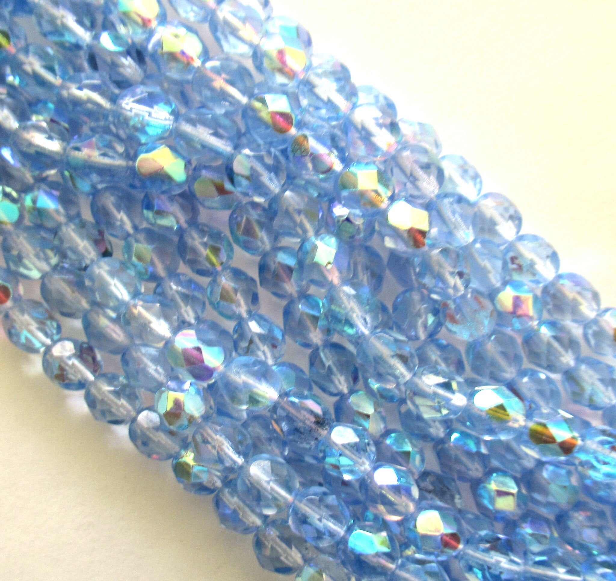 25 6mm Czech glass beads - light sapphire blue AB fire polished faceted round beads C0074