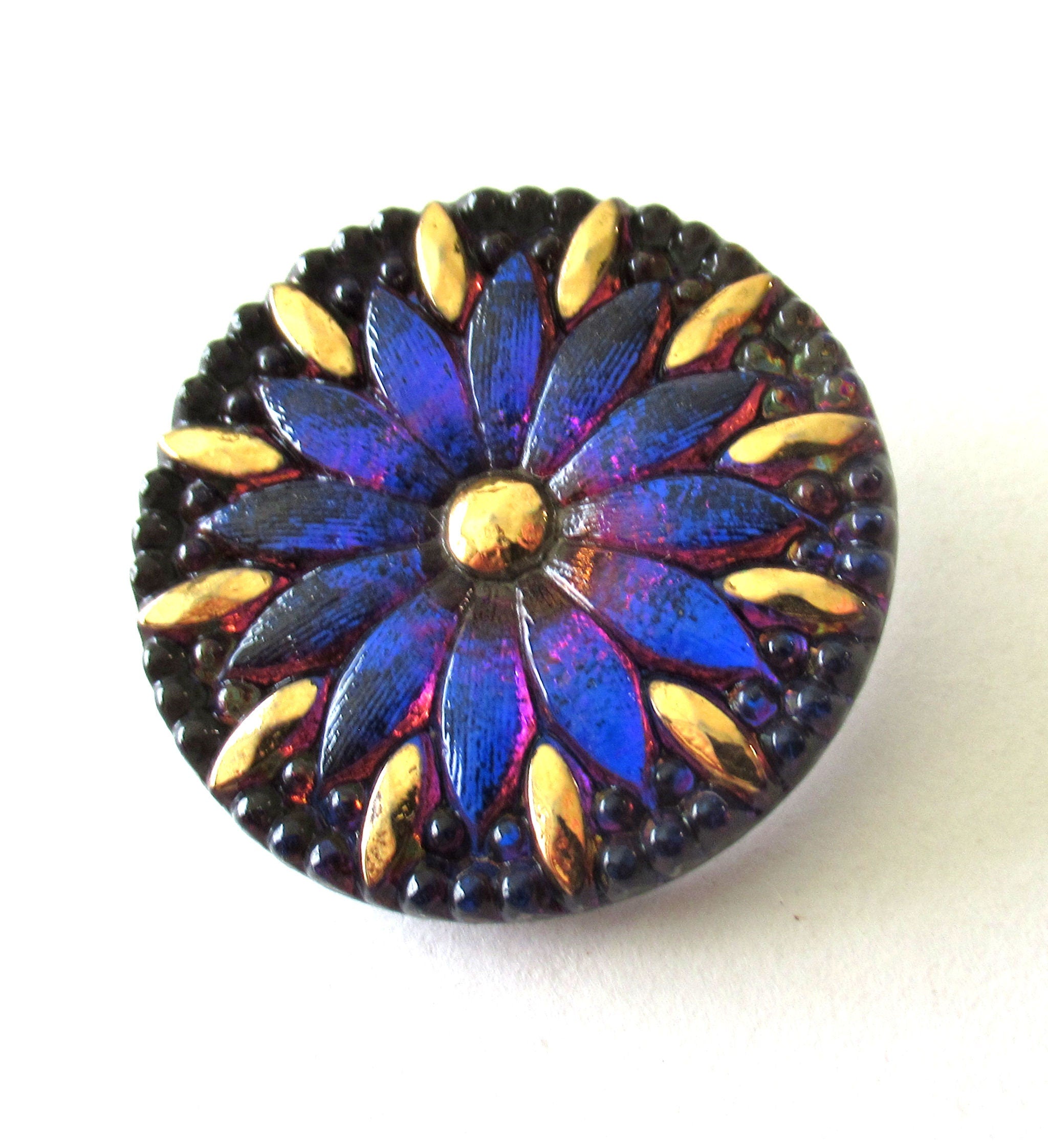 One Czech art glass button - 31mm bright blue violet / pink flower button with gold accents - decorative floral shank buttons C00404