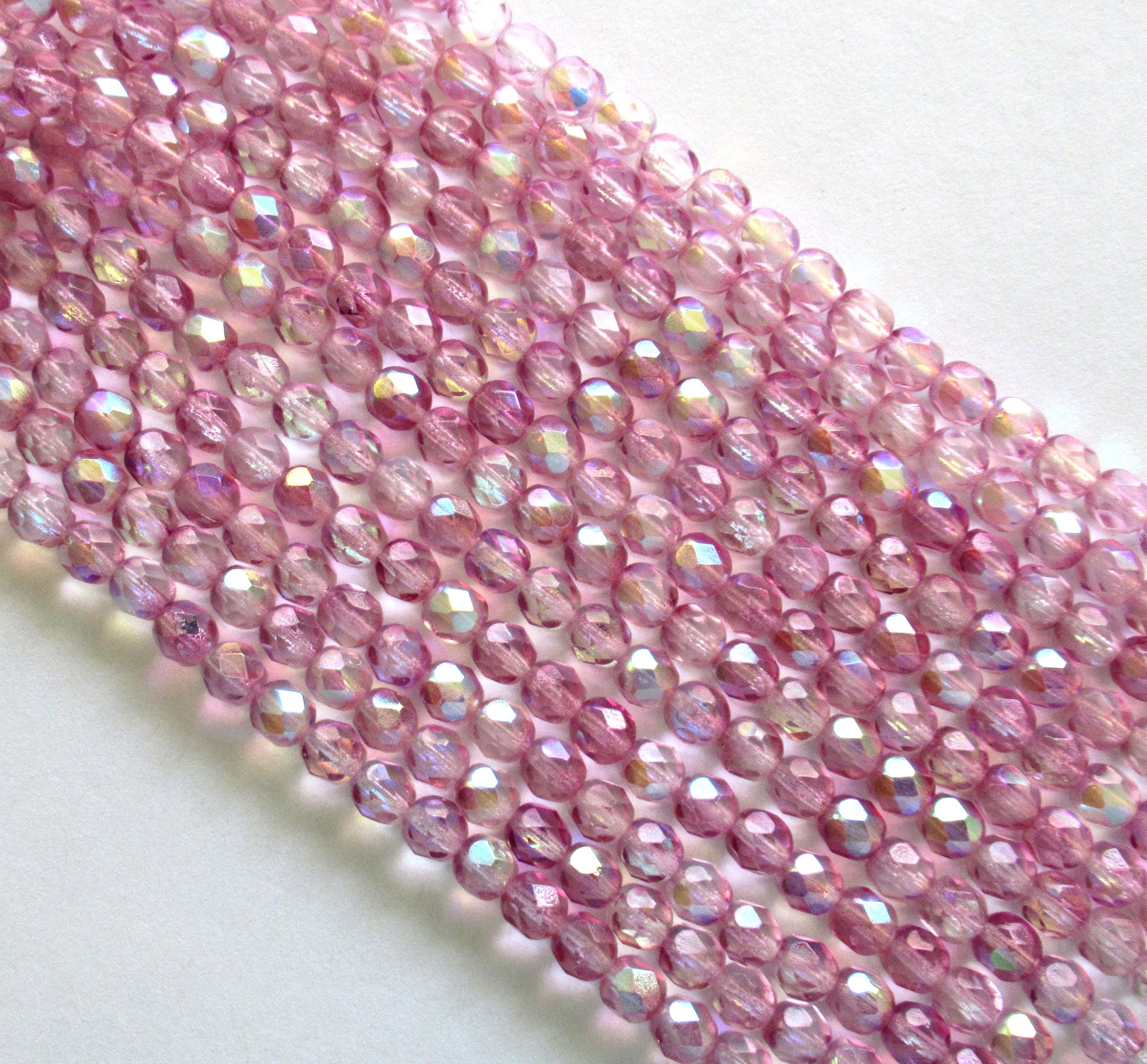 Lot of 25 6mm Czech glass beads - Coated Violet AB - light purple amethyst - almost pink - fire polished faceted round beads - C0016