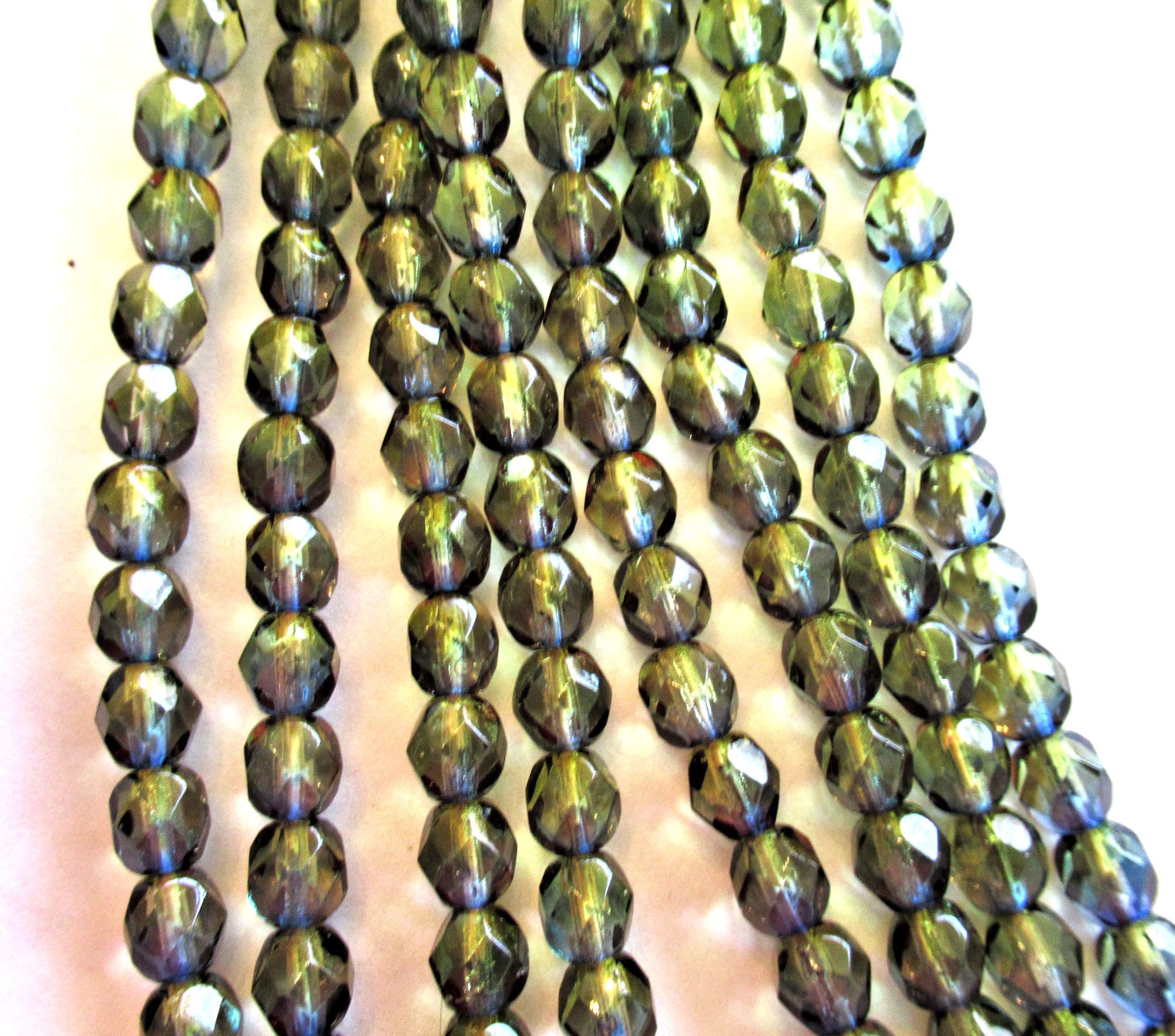 25 6mm Czech glass beads - olivine Green & blue color mix fire polished, faceted beads - C0037