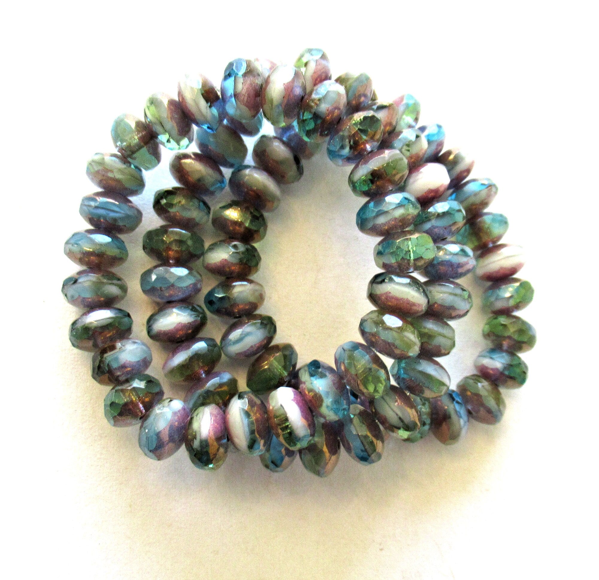 25 Czech glass puffy rondelle beads - 5 x 7mm transparent & opaque Peruvian opal color mix faceted rondelles - 00612