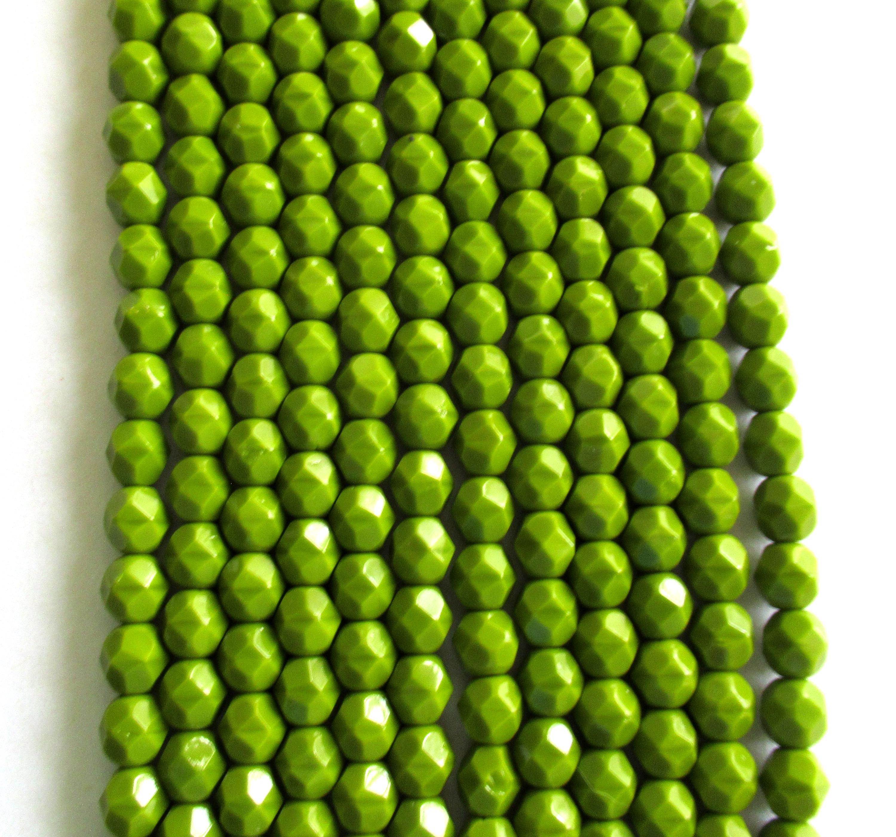 25 6mm Czech glass beads - opaque olive green or olivine beads - fire polished faceted round beads - C0036