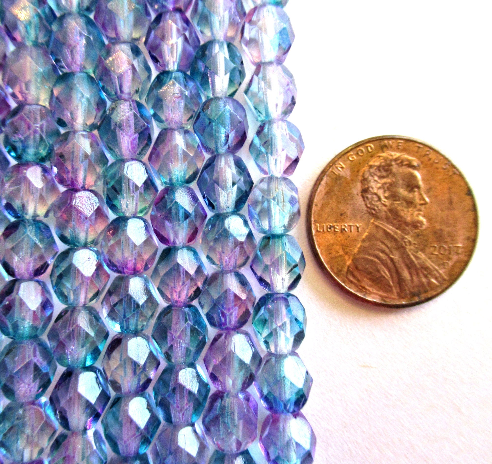 Lot of 25 6mm Czech glass beads - pink & blue mix - fire polished faceted round beads C065