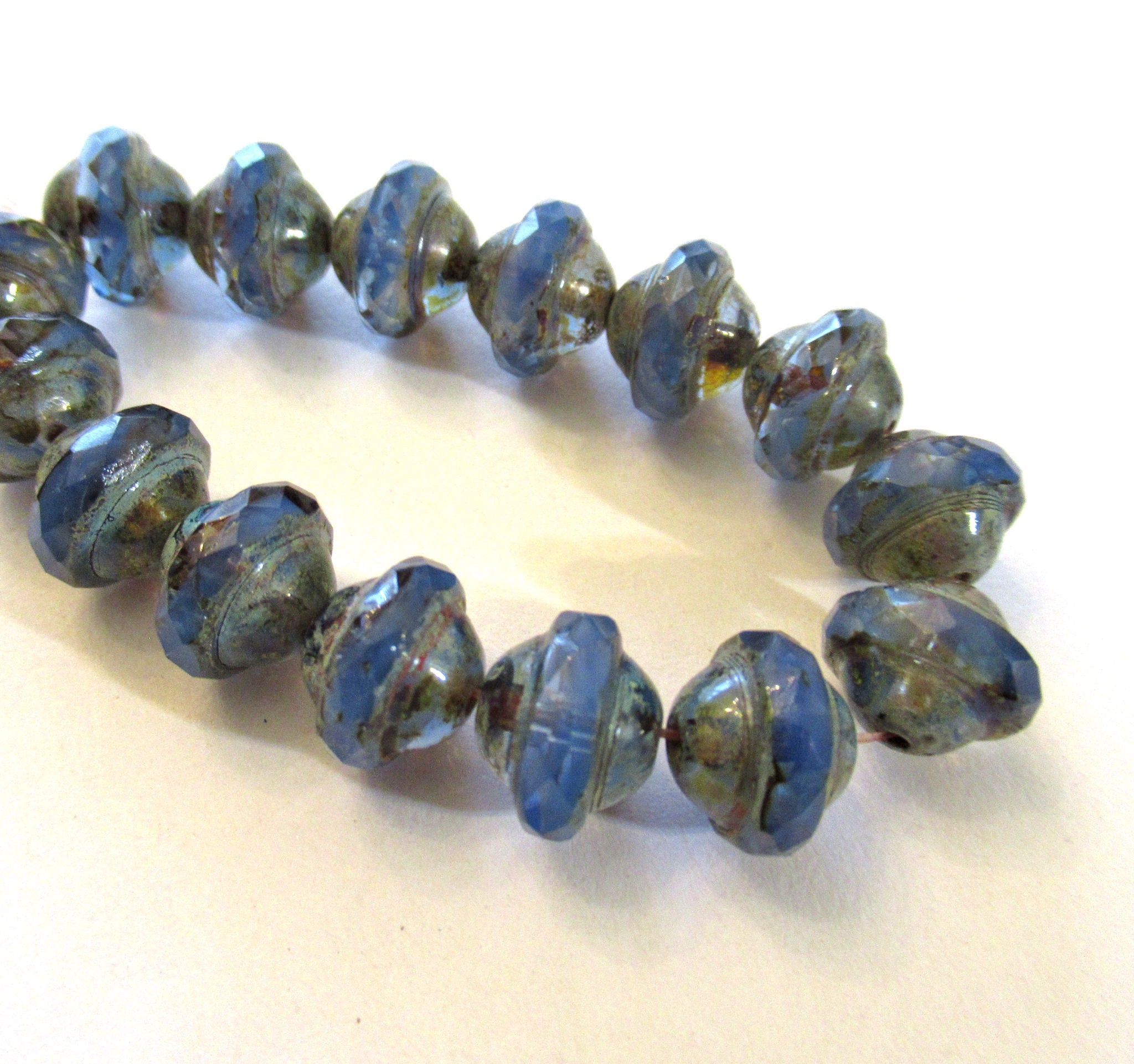 Fifteen Czech glass saturn beads - 8mm x 10mm transparent & opaque cornflower blue picasso faceted fire polished saucer beads - C00971