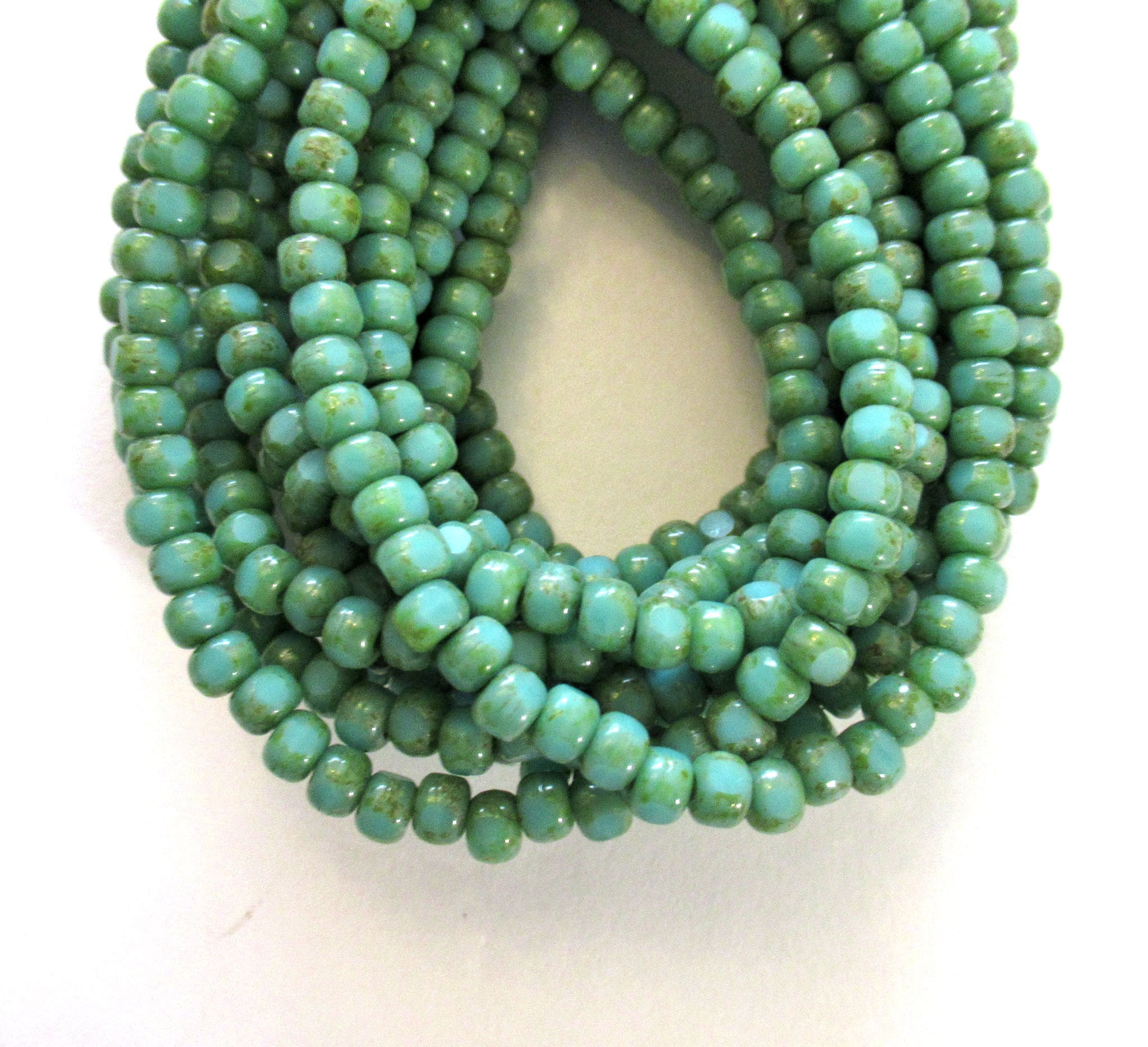 Fifty 6/0 faceted Czech glass seed beads -opaque turquoise green picasso seed beads C0087