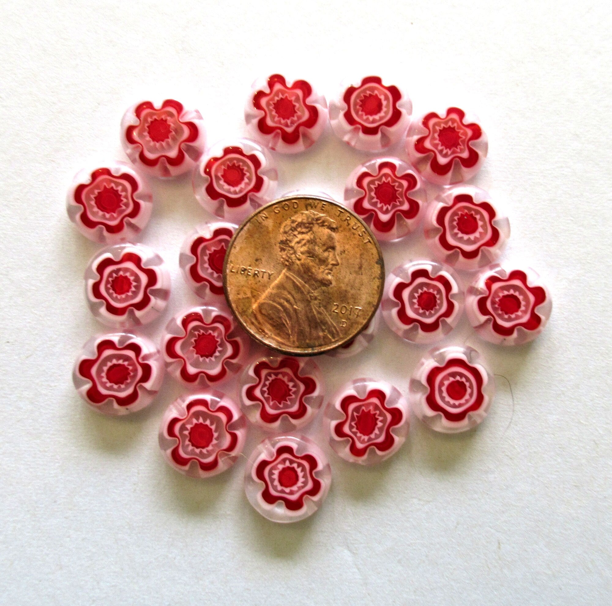 Ten 10mm cane or millefiori coin or disc beads - red & white patterned beads - C0095