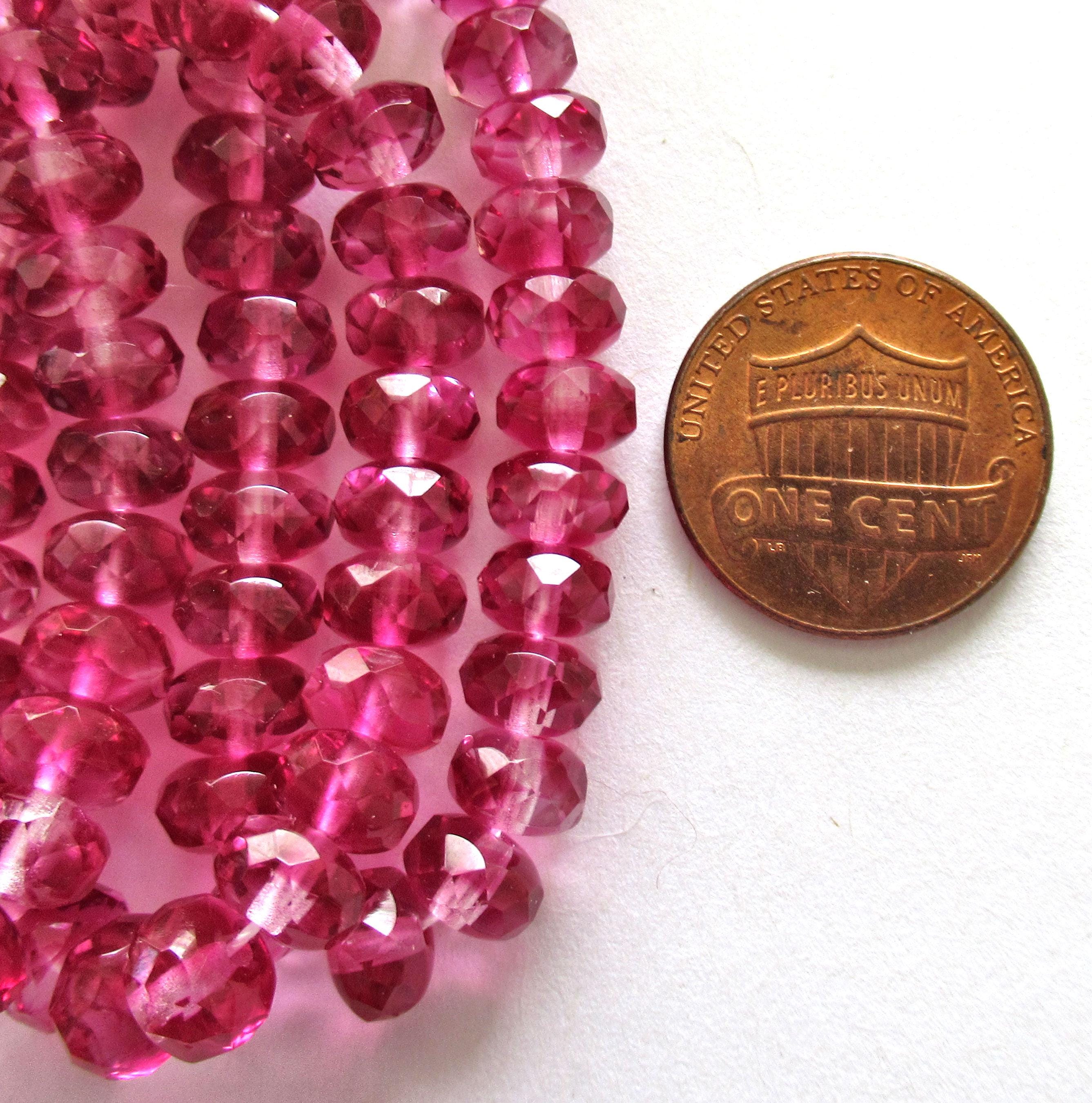 Pink Czech glass puffy rondelle beads - 5 x 7mm - marbled fuchsia pink & crystal - faceted fire polished beads - 25 pcs - C00142