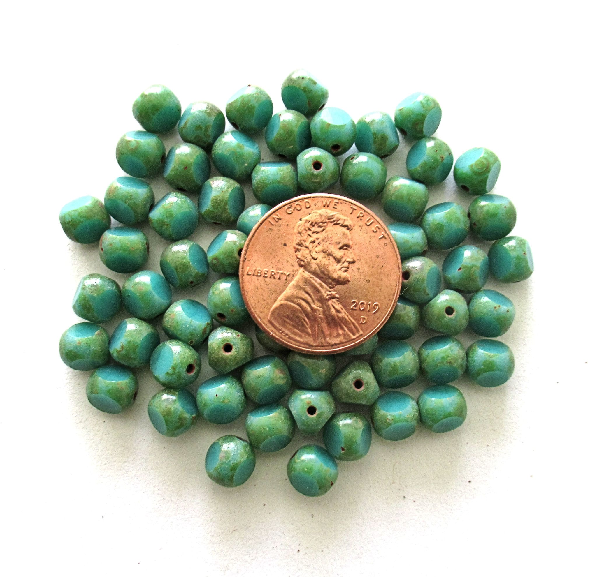 Strand of 40 tri-cut 6mm round Czech glass beads - opaque turquoise green picasso - table cut rustic earthy beads C00031