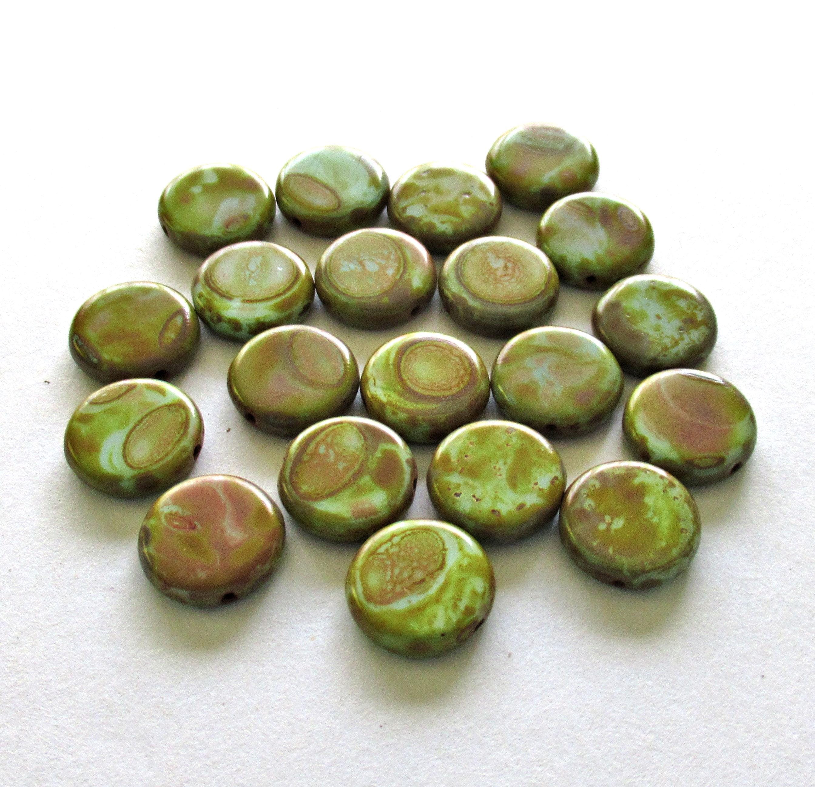 Czech glass coin or disc beads - 12mm - light turquoise green beads w/ a full picasso coat - flat round beads - 10 beads - 00118