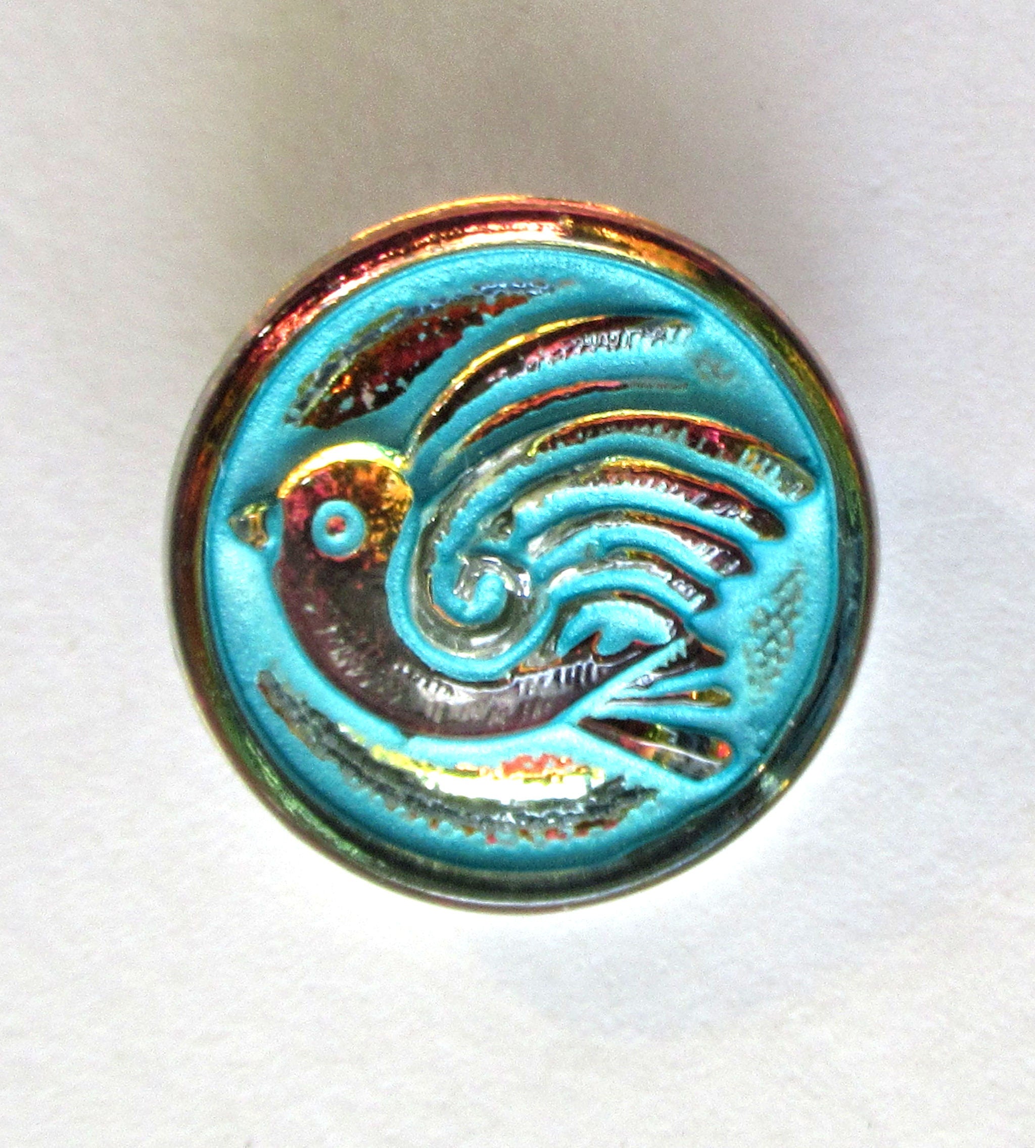 One 18mm Czech glass bird button - iridescent pink orange & yellow with a turquoise wash - decorative shank buttons 000432