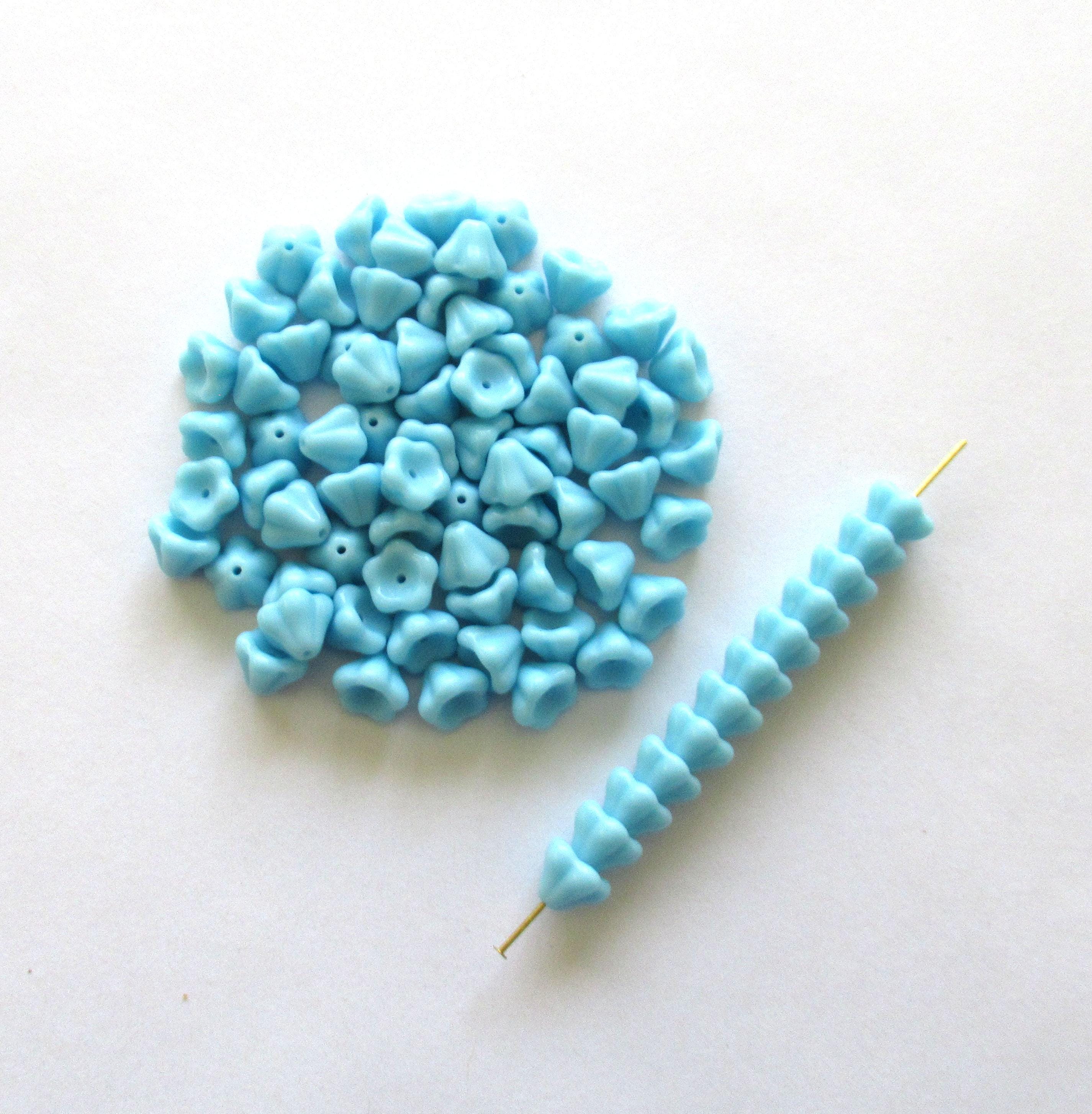 25 Czech glass Bell Flower beads - opaque turquoise blue pressed glass flower beads - 8 x 6mm - C00024
