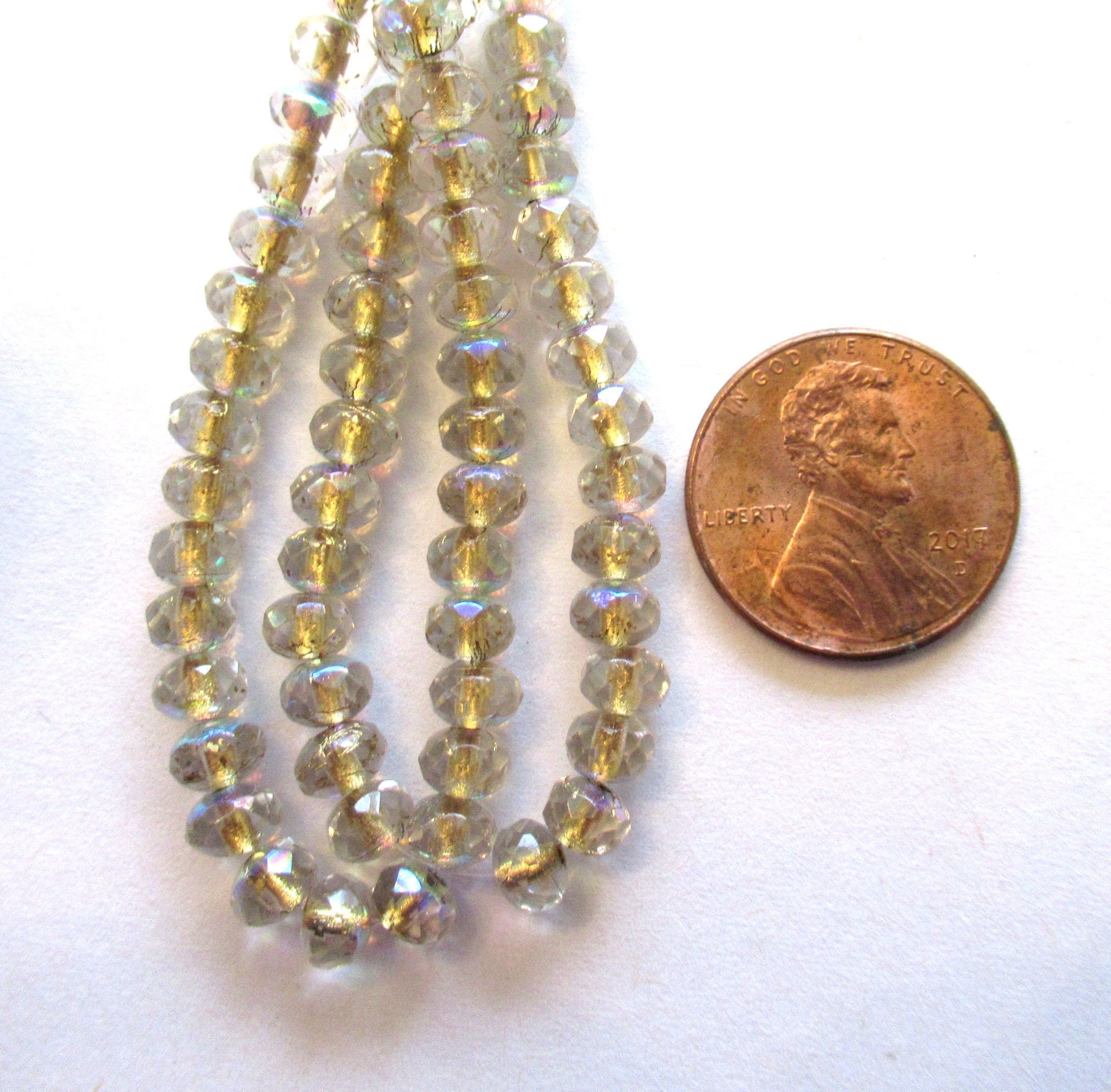 30 small puffy rondelle beads - crystal clear ab gold lined - 3mm x 5mm faceted Czech glass rondelles 00041