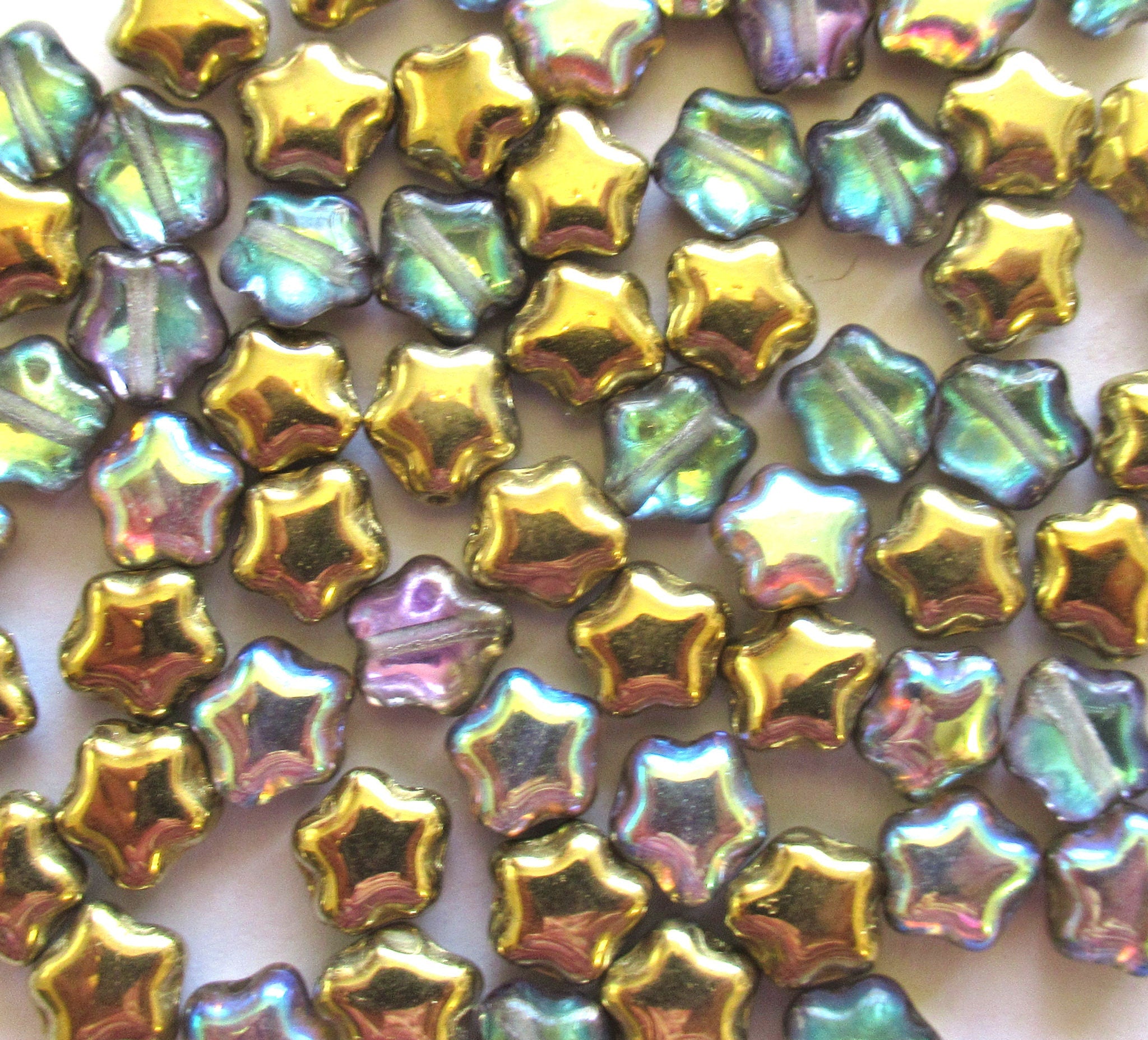 Forty 6mm small Czech glass star beads - Metallic golden rainbow, blue pink and gold pressed glass beads - C0039