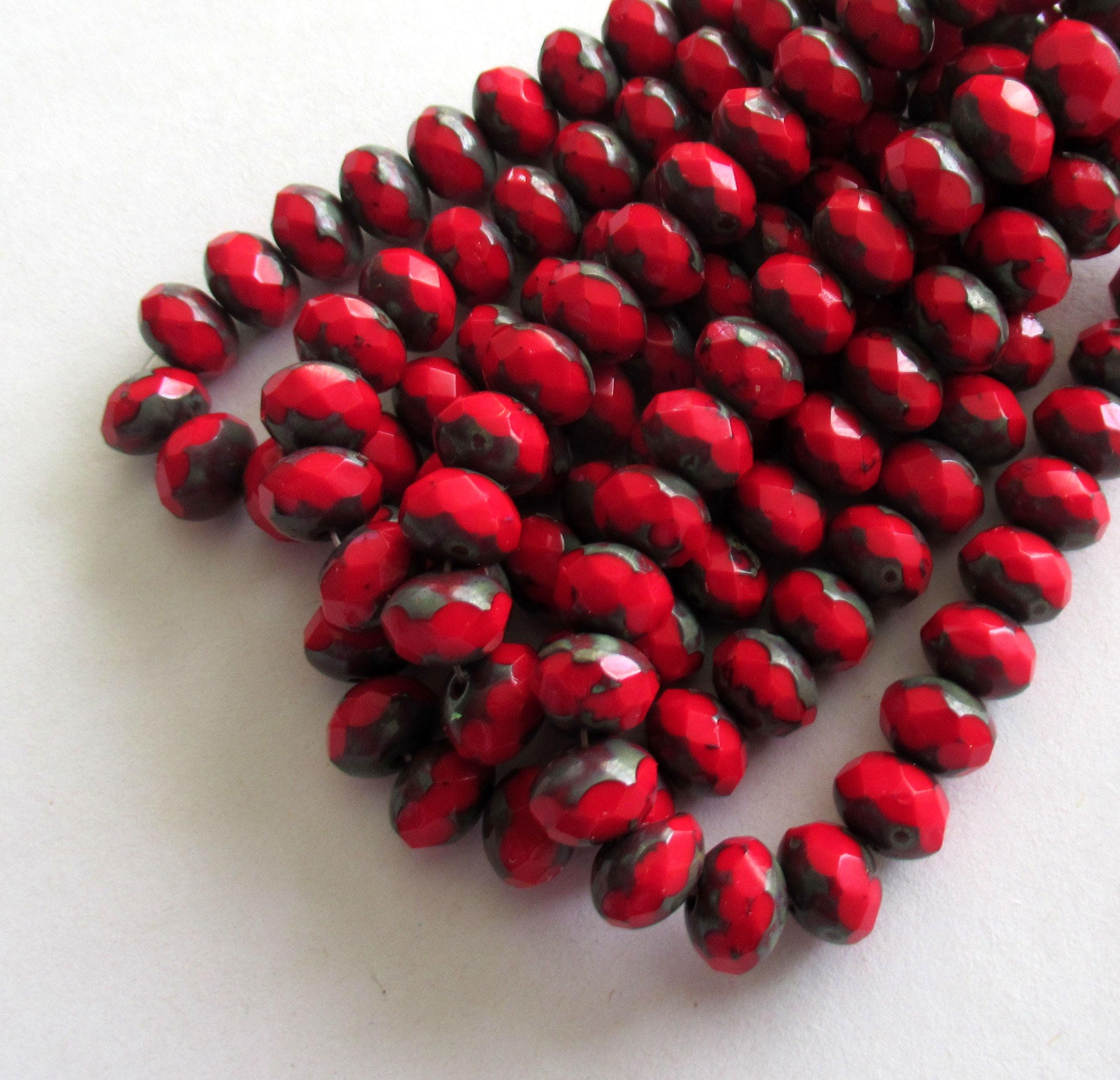 Twenty-five 6 x 8mm Czech glass puffy rondelles - opaque deep red picasso - faceted fire polished rondelle beads - 00822