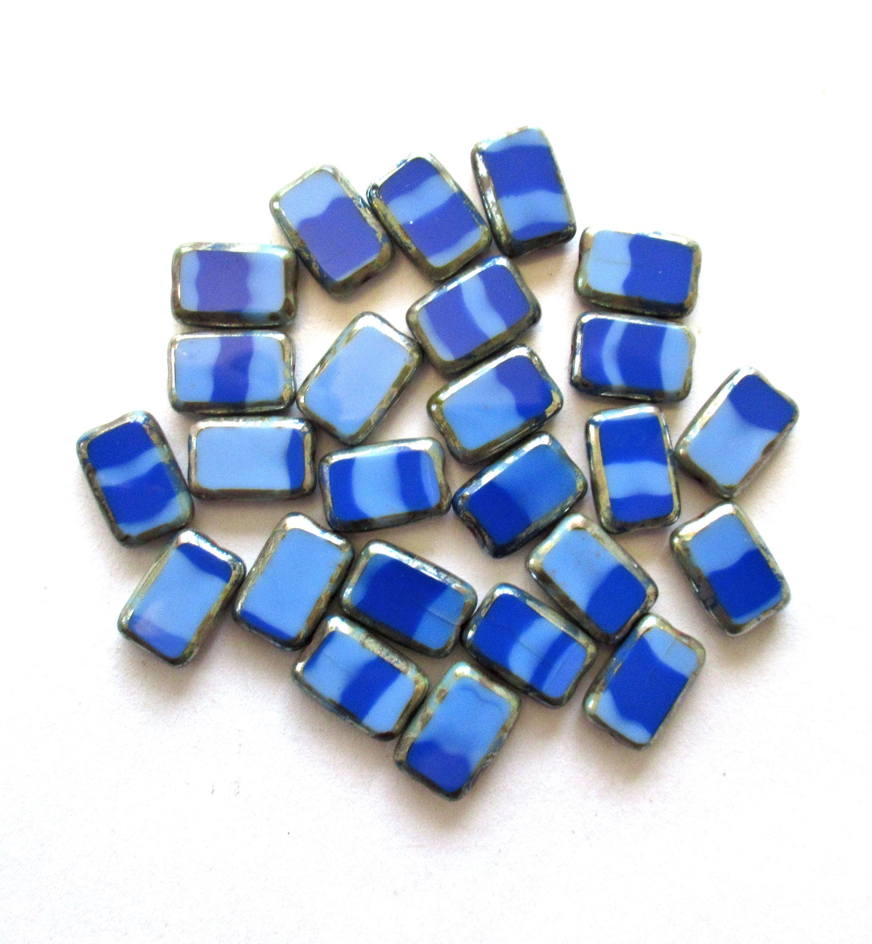 Ten Czech glass rectangle beads - 8 x 12mm - striped light and dark blue beads w/ silver picasso accents  - table cut beads - C00221