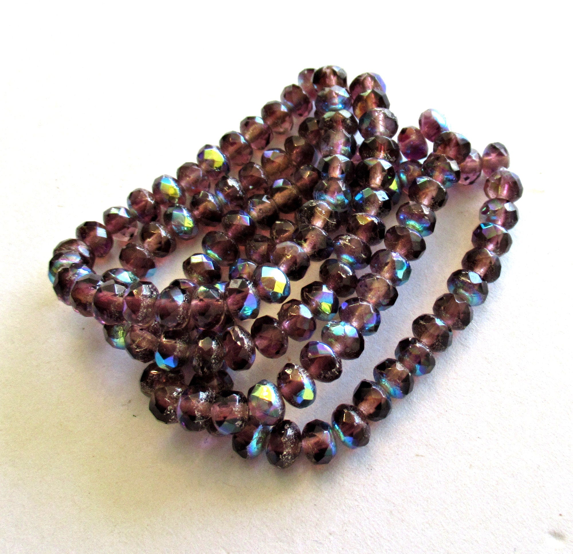 30 small Czech glass puffy rondelle beads - purple or amethyst ab - 3mm x 5mm - faceted fire polished rondelles - 00041