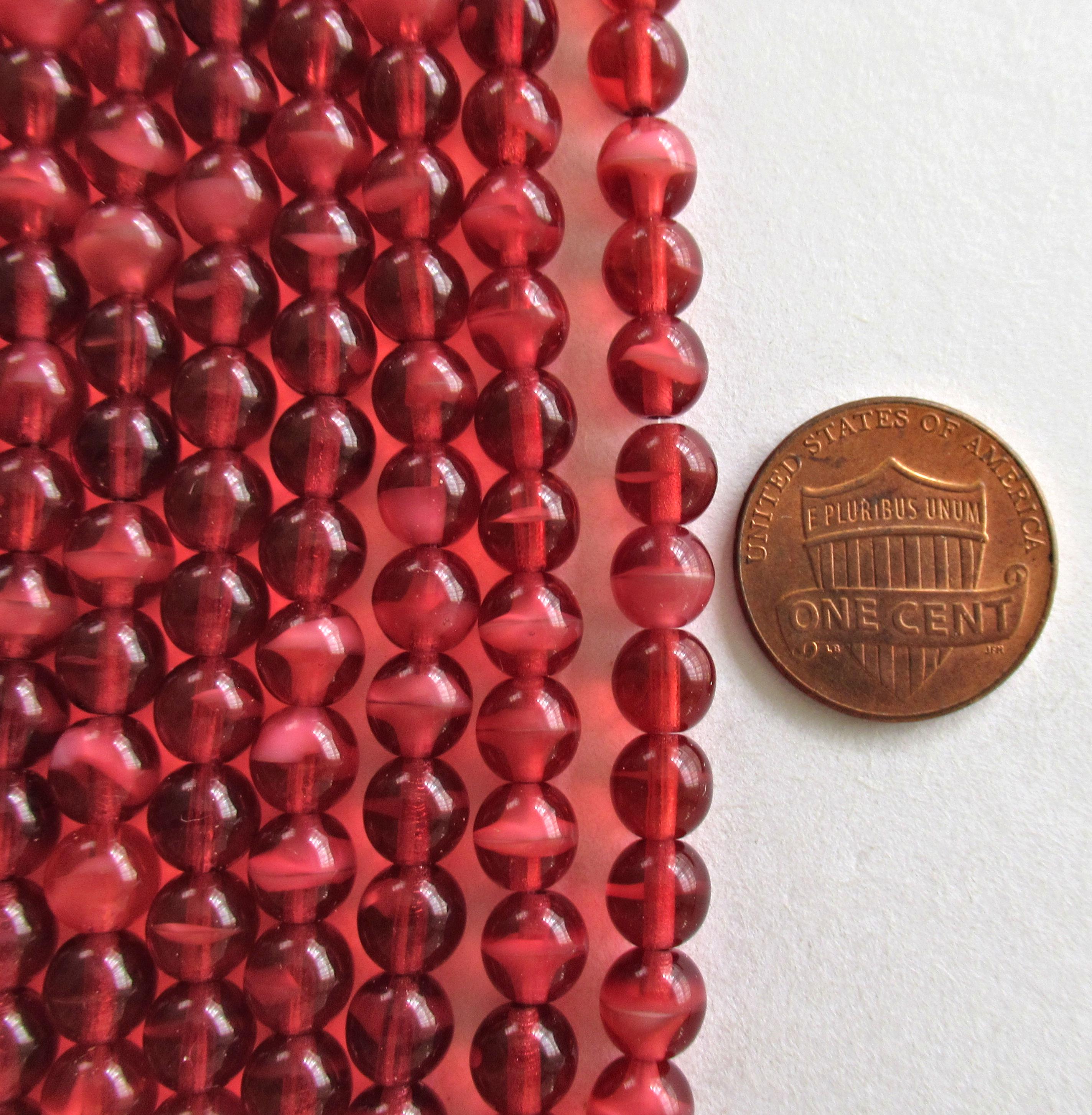 50 6mm Czech glass pink druk beads - pearl fuchsia deep pink - cranberry red smooth round druks with white hearts - C0009