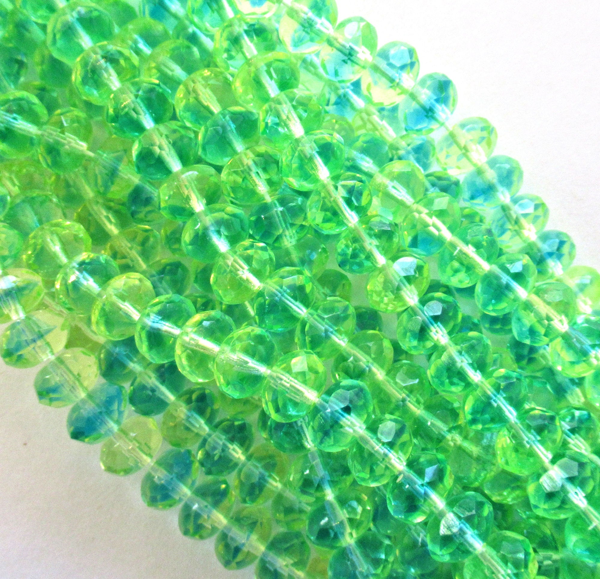 25 faceted Czech glass puffy rondelle beads - 9 x 6mm transparent green and blue mix rondelles - faceted fire polished beads - 00601