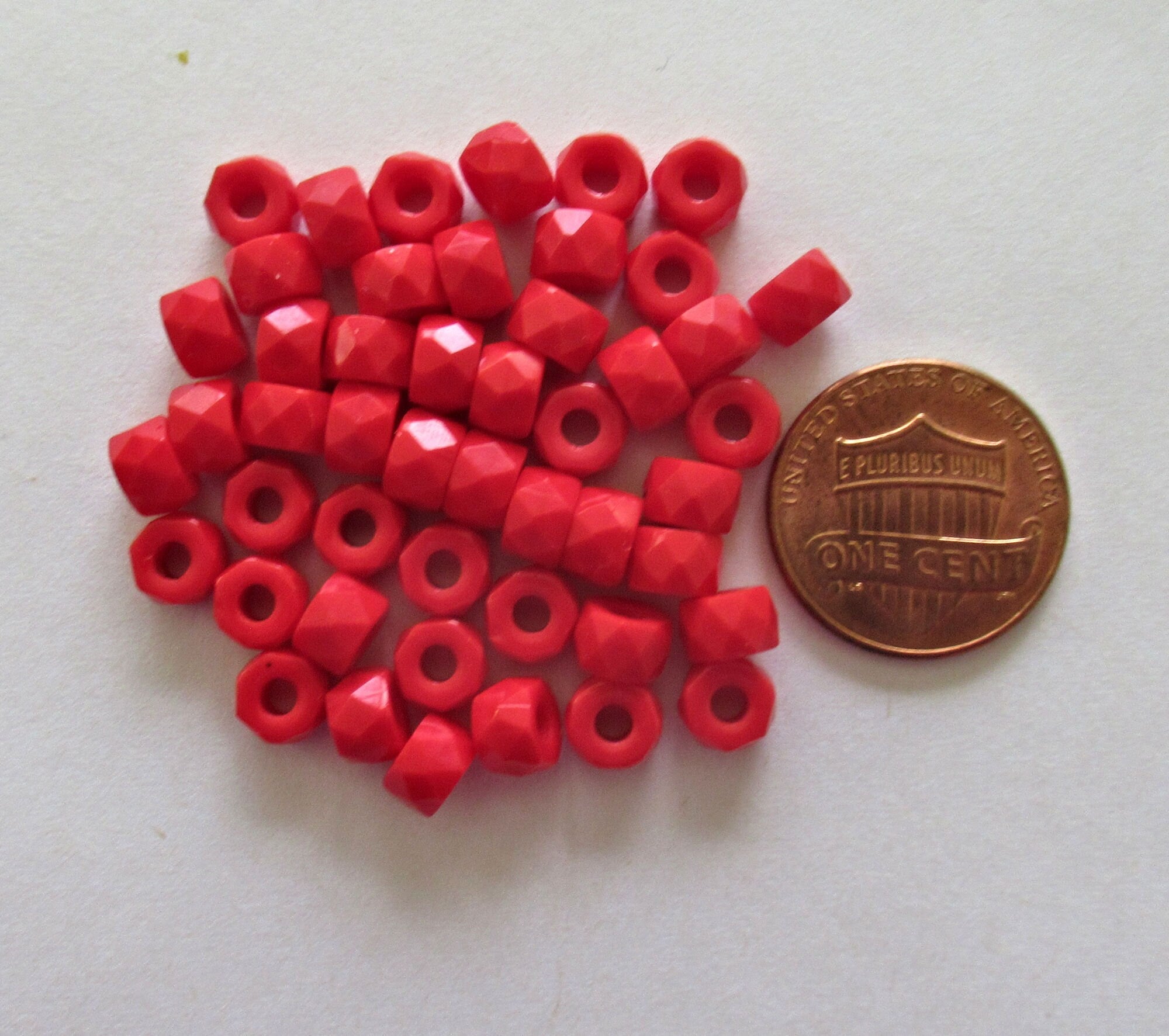 Lot of 50 6mm Czech glass faceted pony, roller or crow beads - bright opaque red large hole, fire polished beads C00211