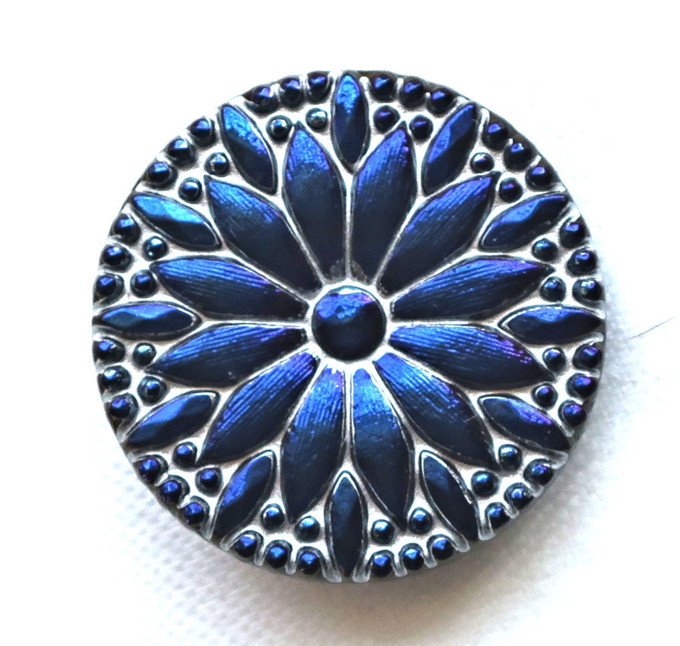 One 31mm Czech glass daisy flower button - dark blue luster with a silver wash - decorative floral shank buttons 00043