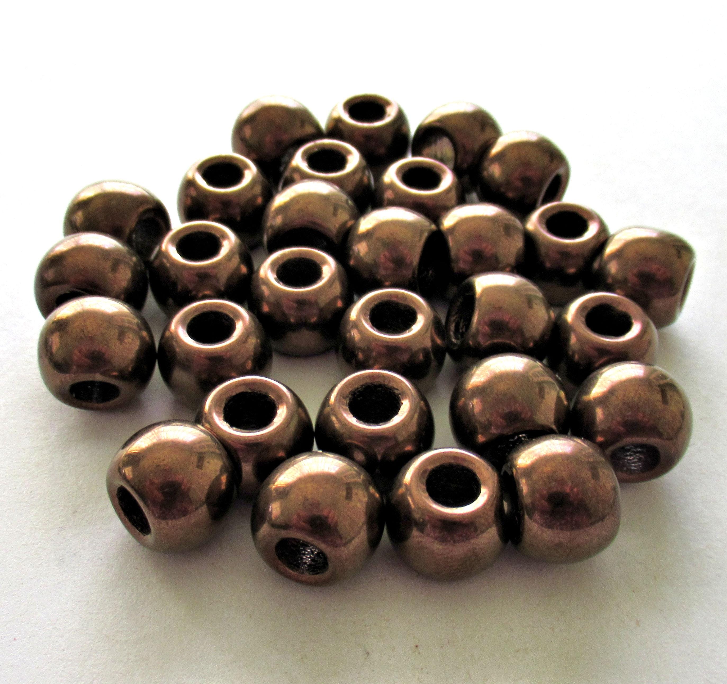Large big hole round druk beads - 12mm - metallic bronze Czech glass druks - large 4mm holes - six pieces - C00401