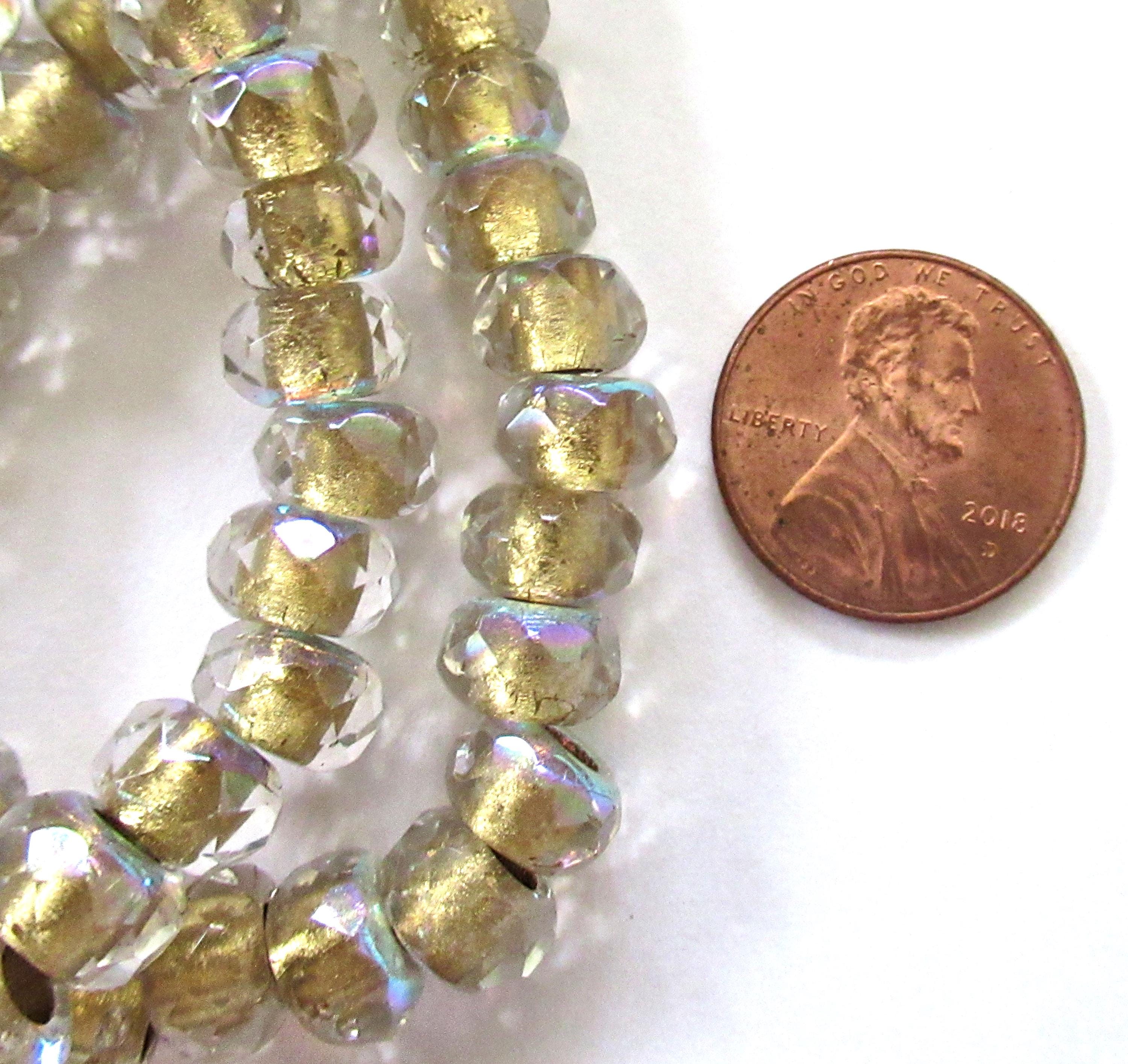 Ten Czech glass faceted roller beads - 9 x 6mm - crystal clear ab gold lined beads - tyre beads - big 3mm big hole beads C00011