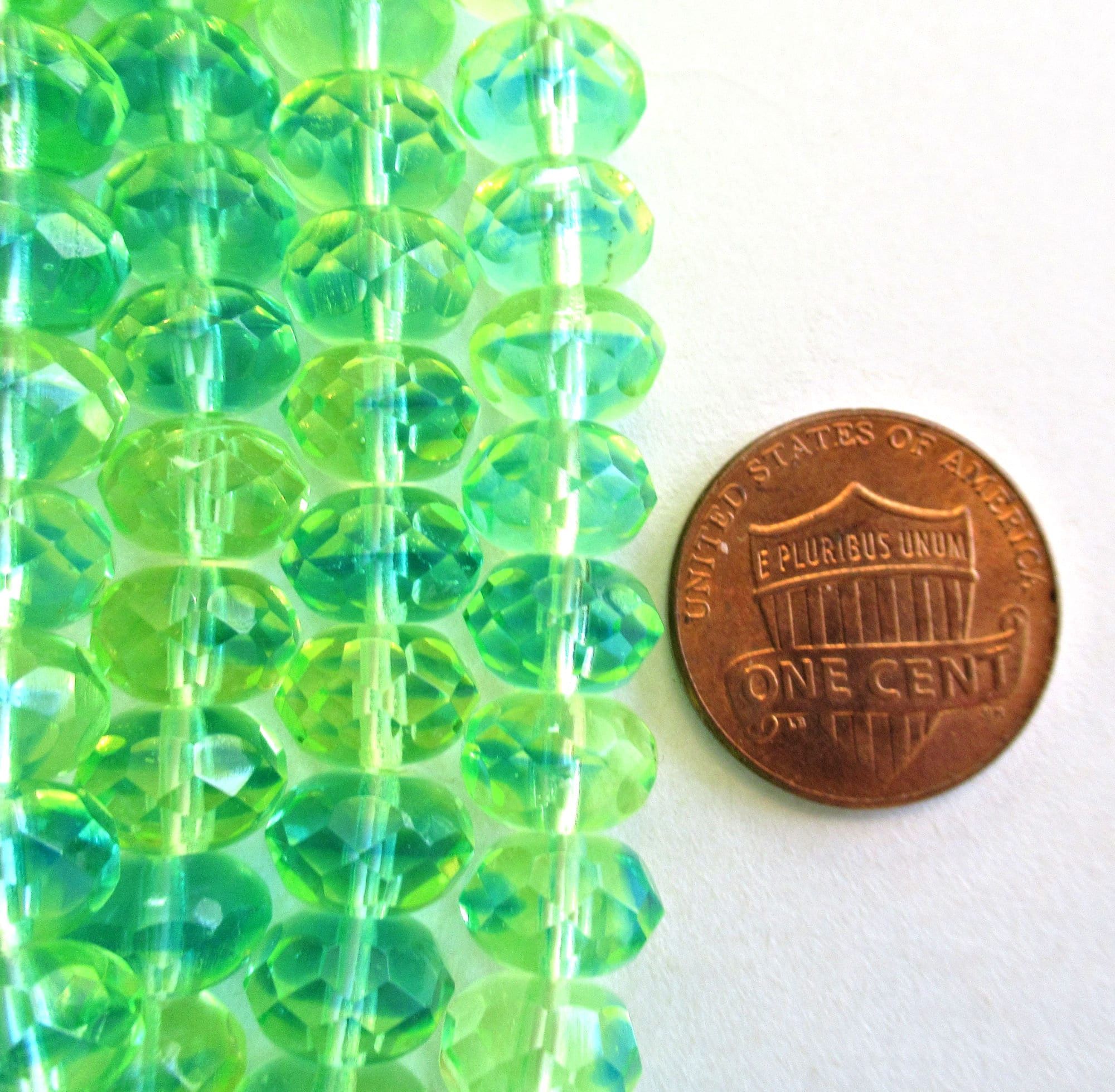 25 faceted Czech glass puffy rondelle beads - 9 x 6mm transparent green and blue mix rondelles - faceted fire polished beads - 00601