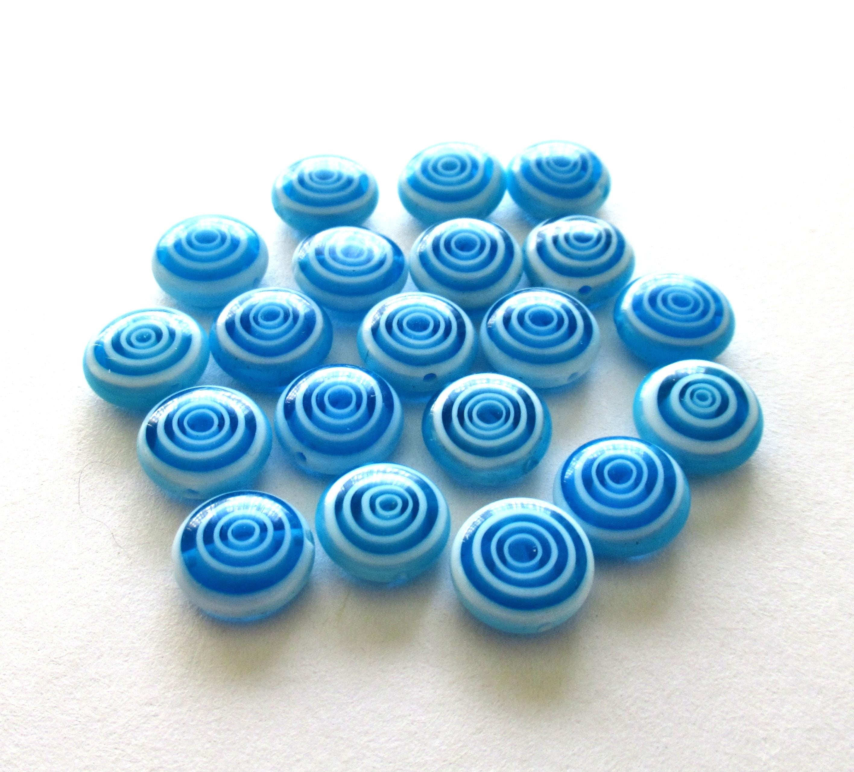 Ten 10mm glass coin beads - aqua blue and white disc beads - target or concentric circles beads - C0001