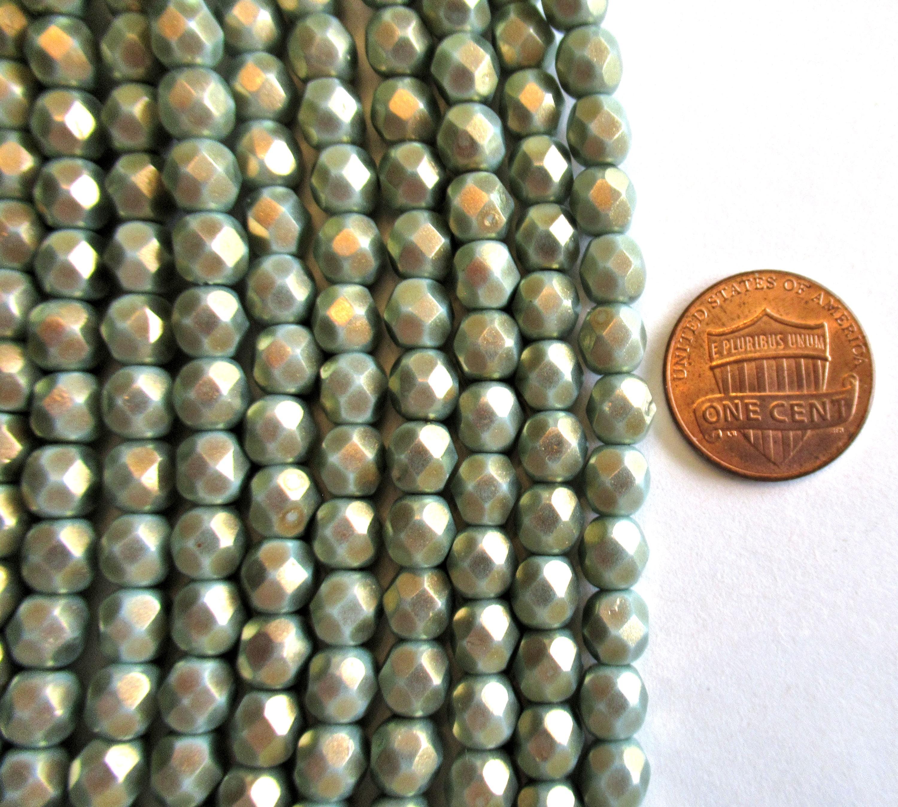 25 6mm Czech glass round beads - Halo Ethereal Heavens opaque light green beads w/ gold finish - fire polished, faceted - C0087