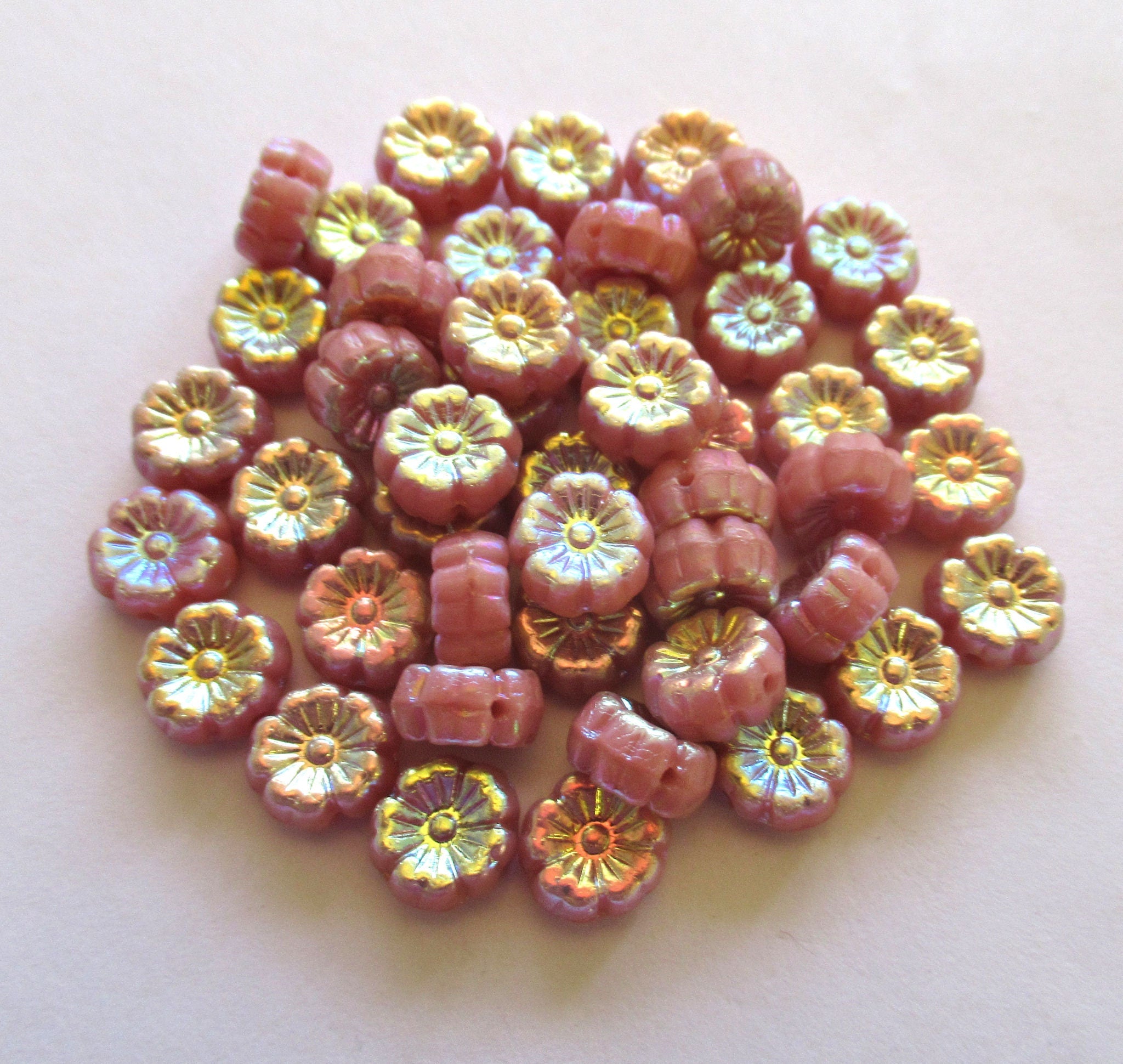 15 8mm Czech glass flower beads - opaque pink with an ab finish on both sides- Hawaiian hibiscus flower beads - C00501