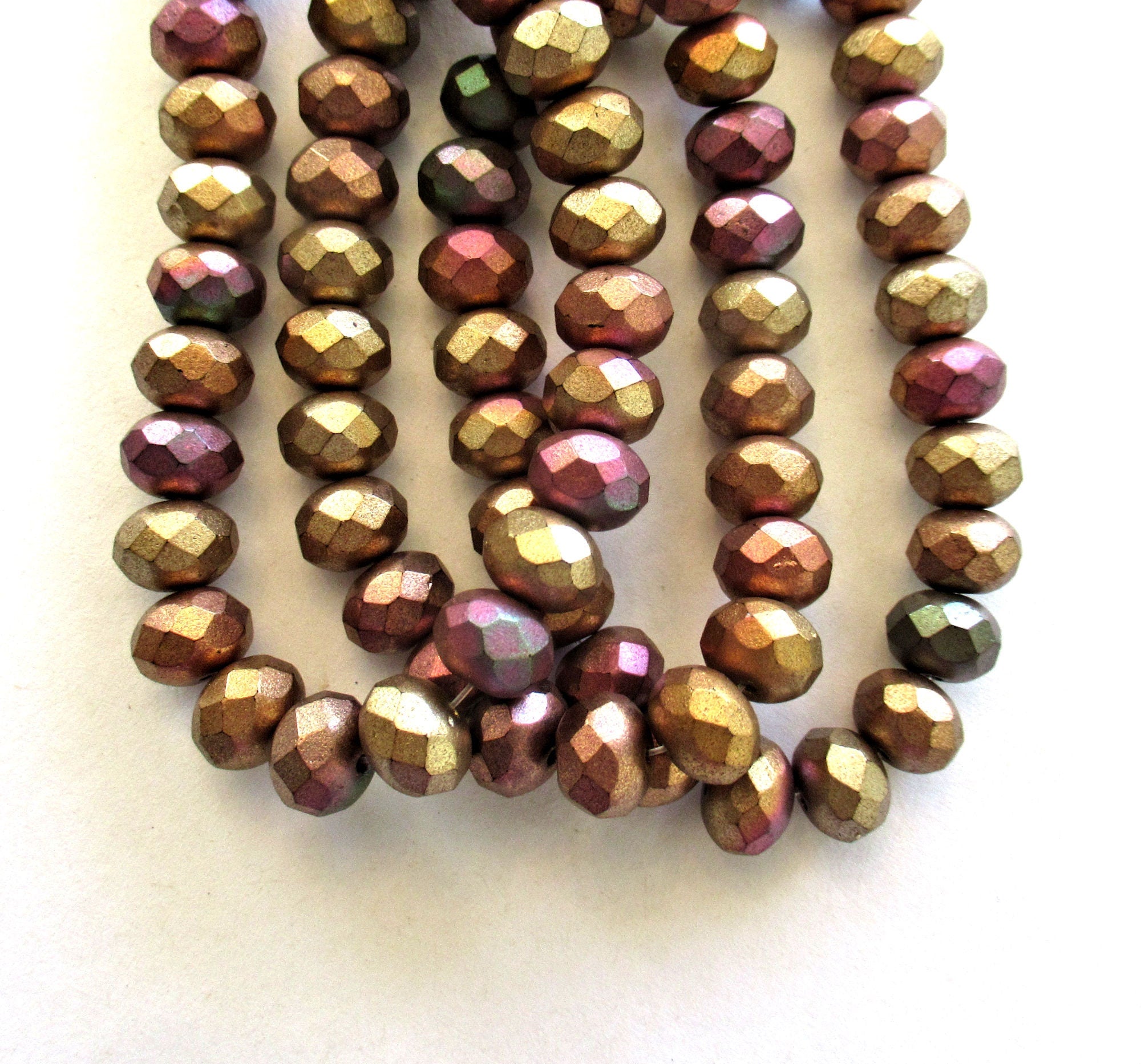 25 Czech glass puffy rondelle beads - opaque matte metallic mix earth tones - bronze iris - 6 x 8mm faceted fire polished rondelles C00822