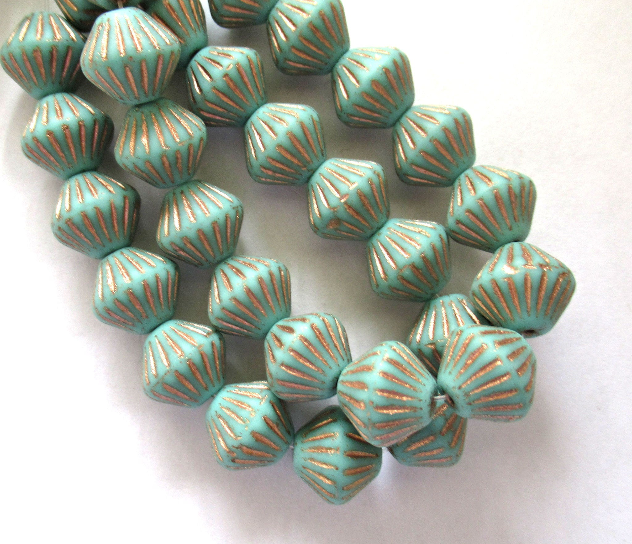 Five 11mm x 10mm chunky rustic Czech glass bicones - Matte Turquoise green w/ gold accents carved bicone beads- C0065
