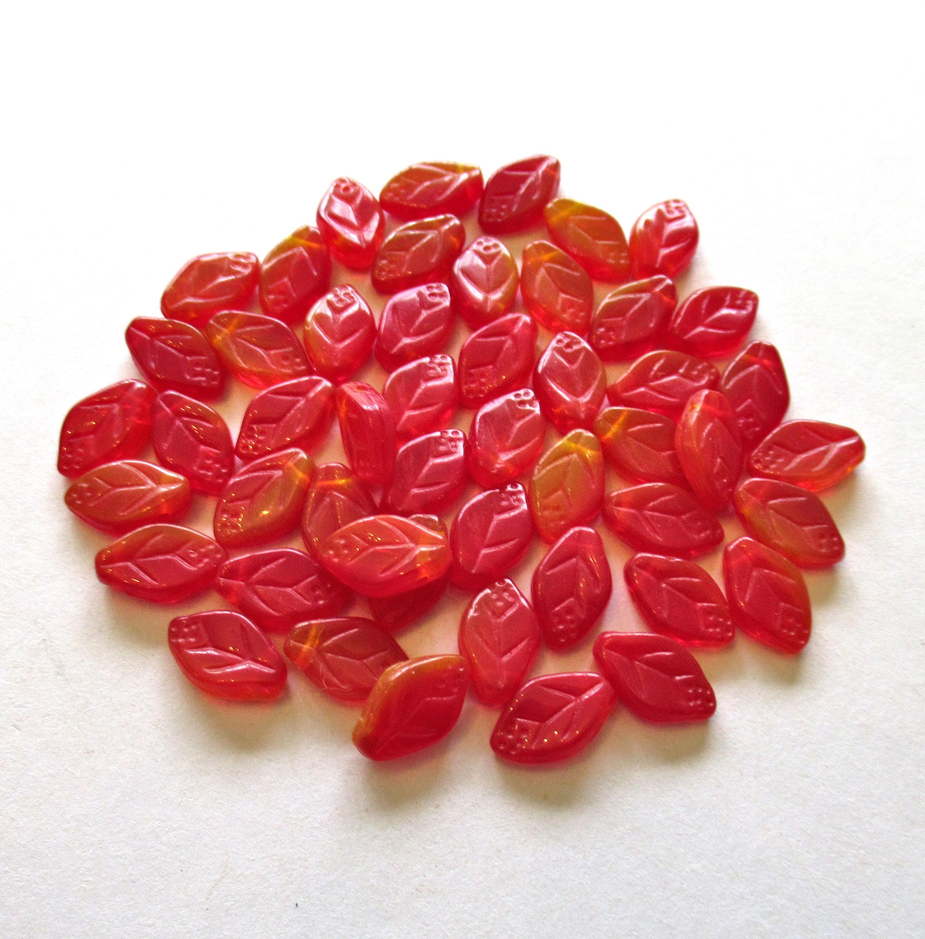 25 Czech glass leaf beads -red & yellow opaline mix - 12 x 8mm - side drilled leaves - C00011