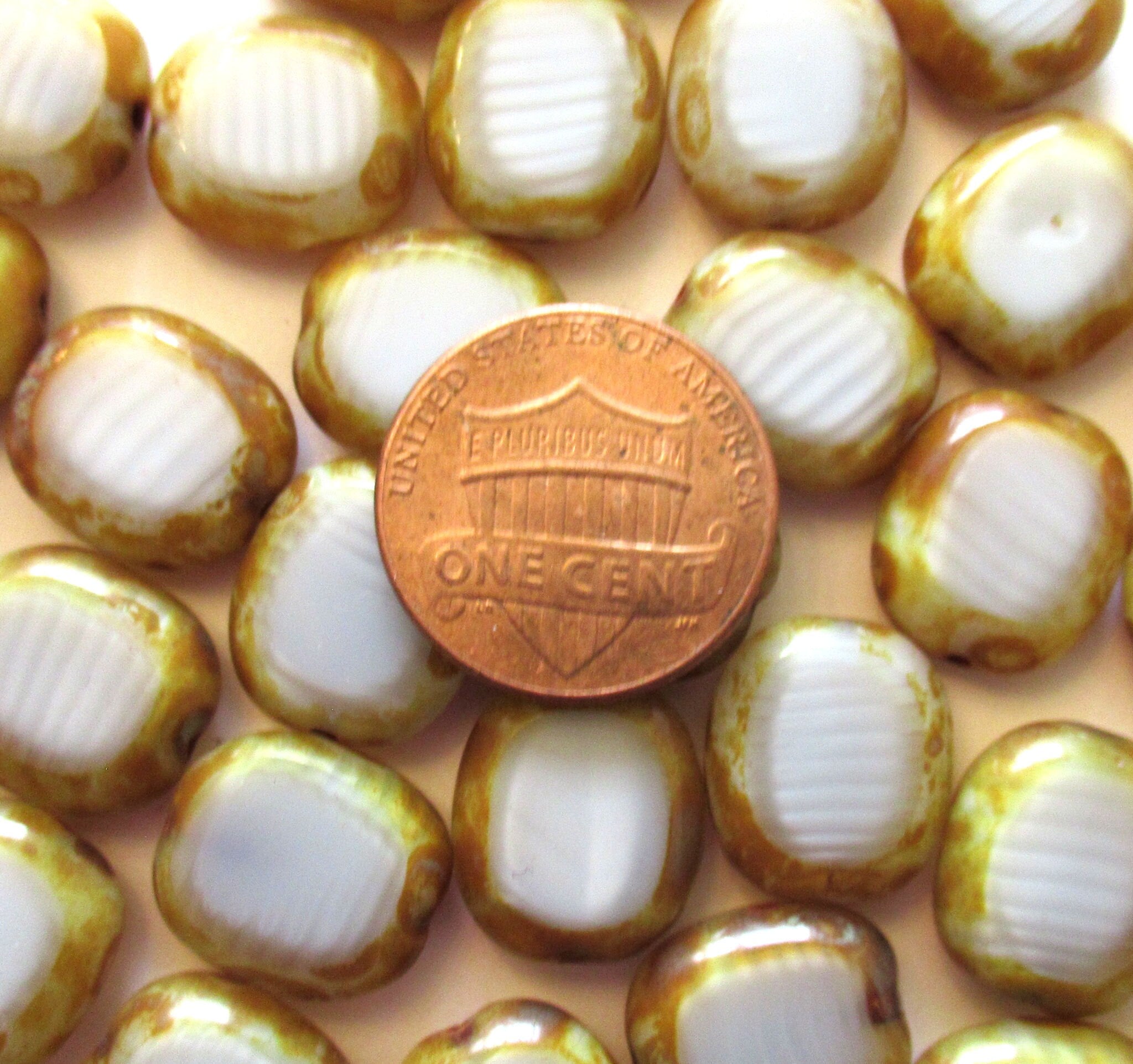 Six Czech glass oval beads - 14 x 12mm marbled slightly gray white with picasso table cut window beads - 00231