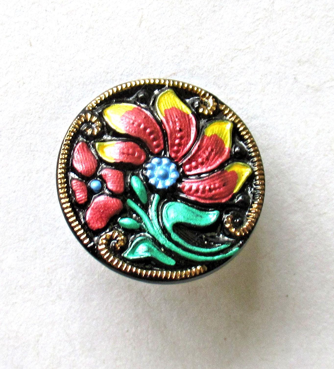 One 18mm Czech glass button - multicolored flower on black background w/ gold accents - hand painted decorative floral shank button - 00054