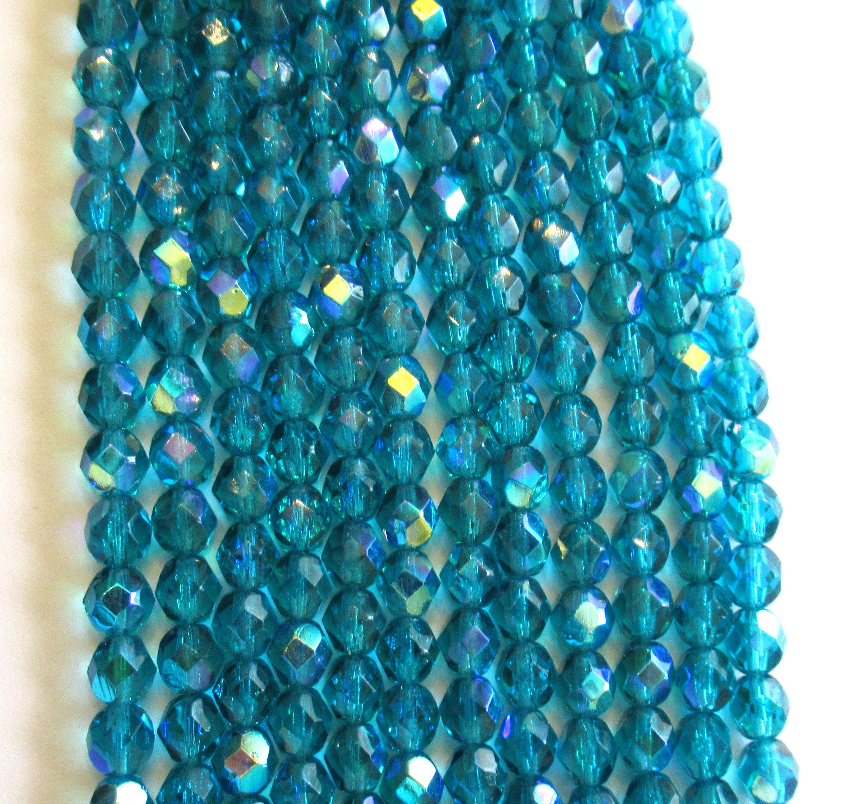 Lot of 25 Czech glass round beads - teal blue green zircon ab beads - 6mm - fire polished, faceted beads - C0036