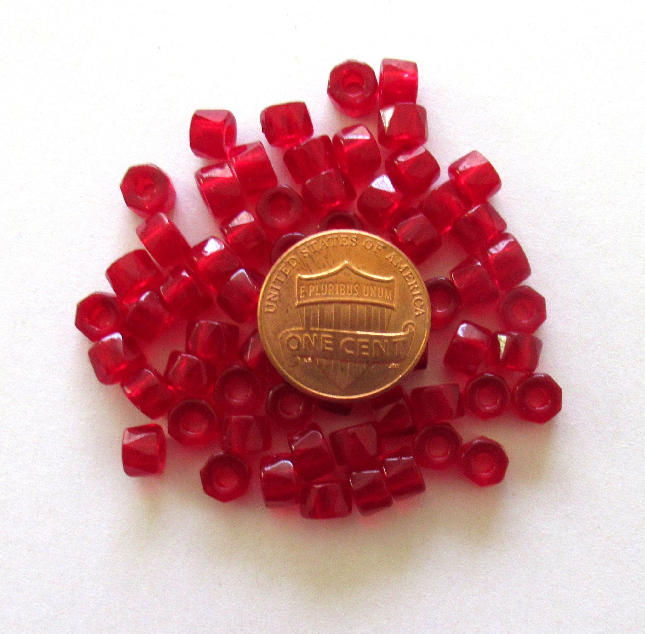 Lot of 50 6mm Czech glass faceted pony, roller or crow beads - light garnet red large hole, fire polished, faceted beads C00951