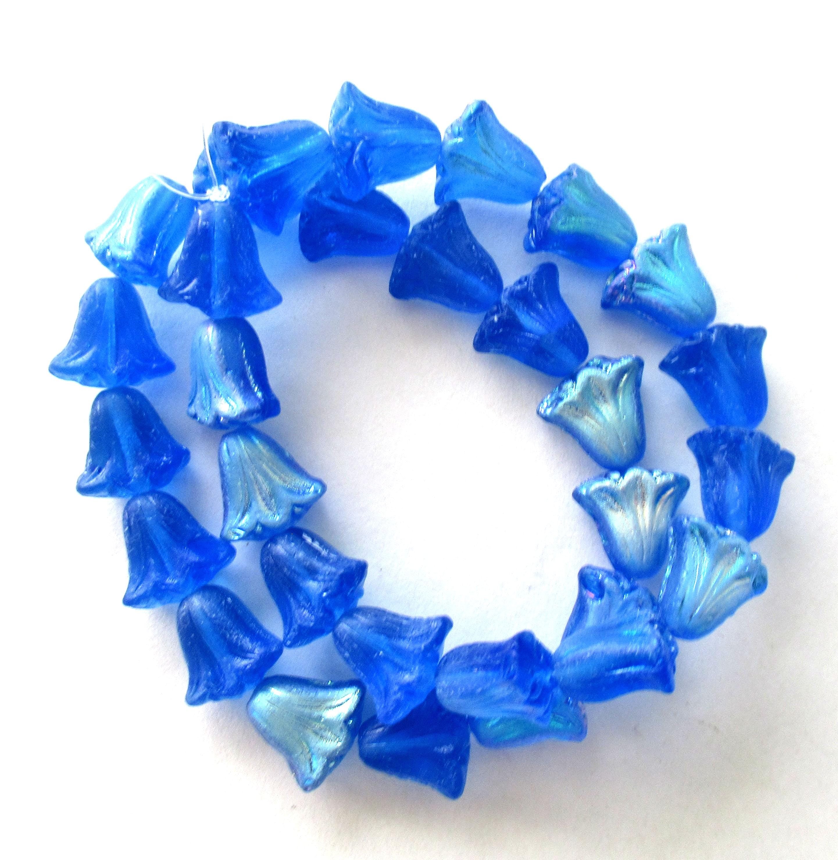 15 Czech glass flower beads - 9 x 10mm translucent matte sapphire blue ab beads - lily flower beads C00002