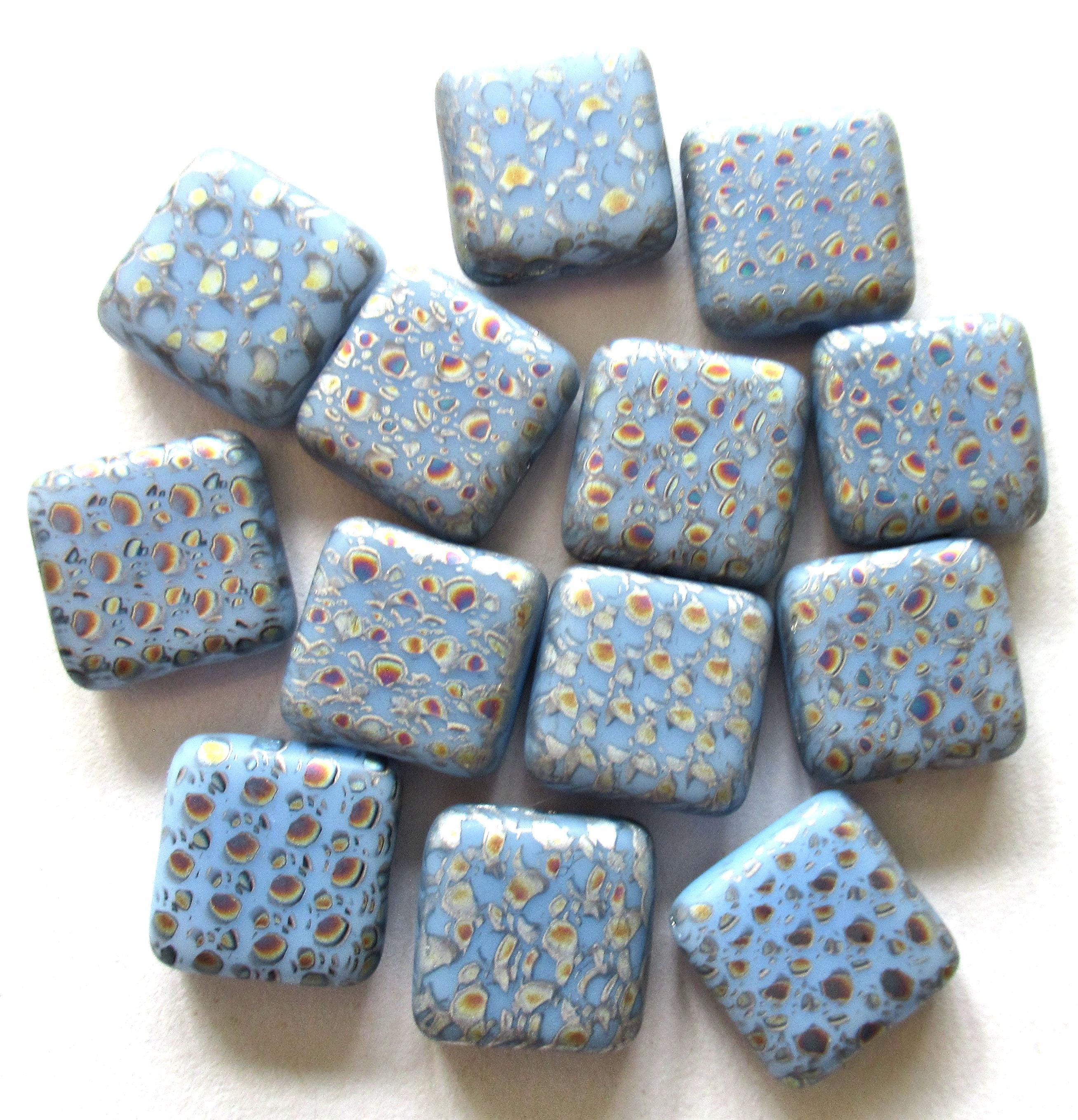 Ten 11mm Czech glass square peacock beads - opaque light blue laser etched beads with an iridescent abstract pattern C00651