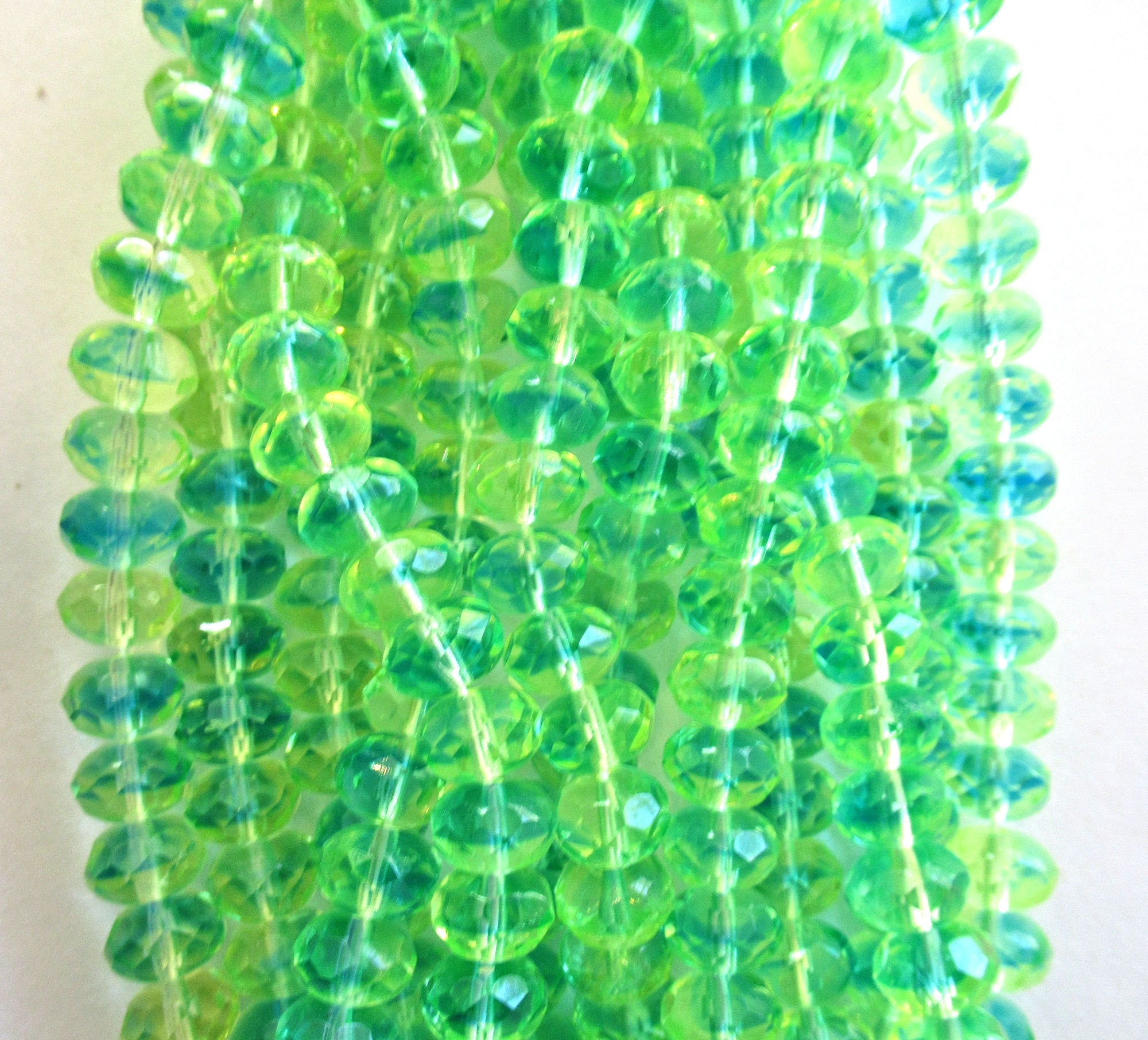 25 faceted Czech glass puffy rondelle beads - 9 x 6mm transparent green and blue mix rondelles - faceted fire polished beads - 00601